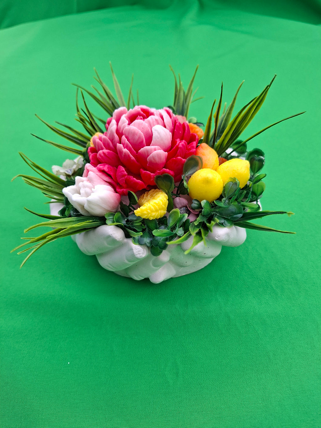 Vibrant Pink And Yellow Artificial Flower Arrangement In White Stone Base