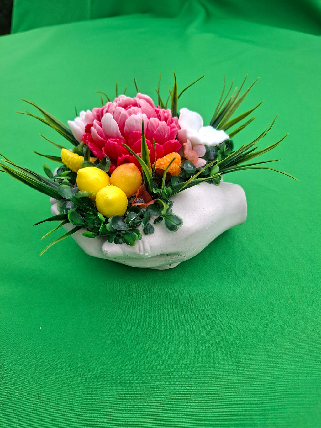 Vibrant Pink And Yellow Artificial Flower Arrangement In White Stone Base