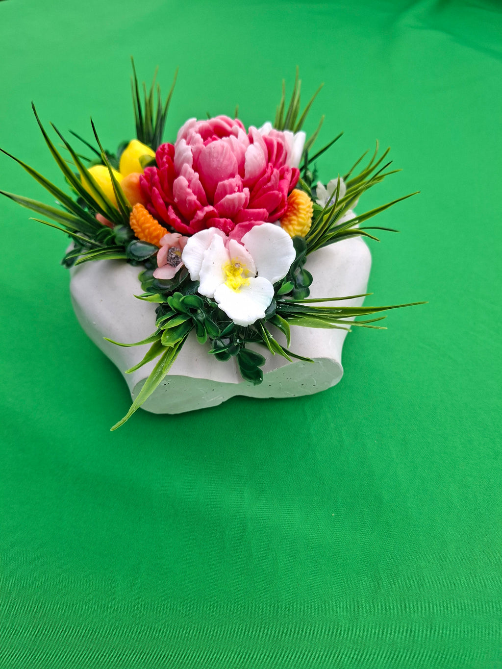 Vibrant Pink And Yellow Artificial Flower Arrangement In White Stone Base