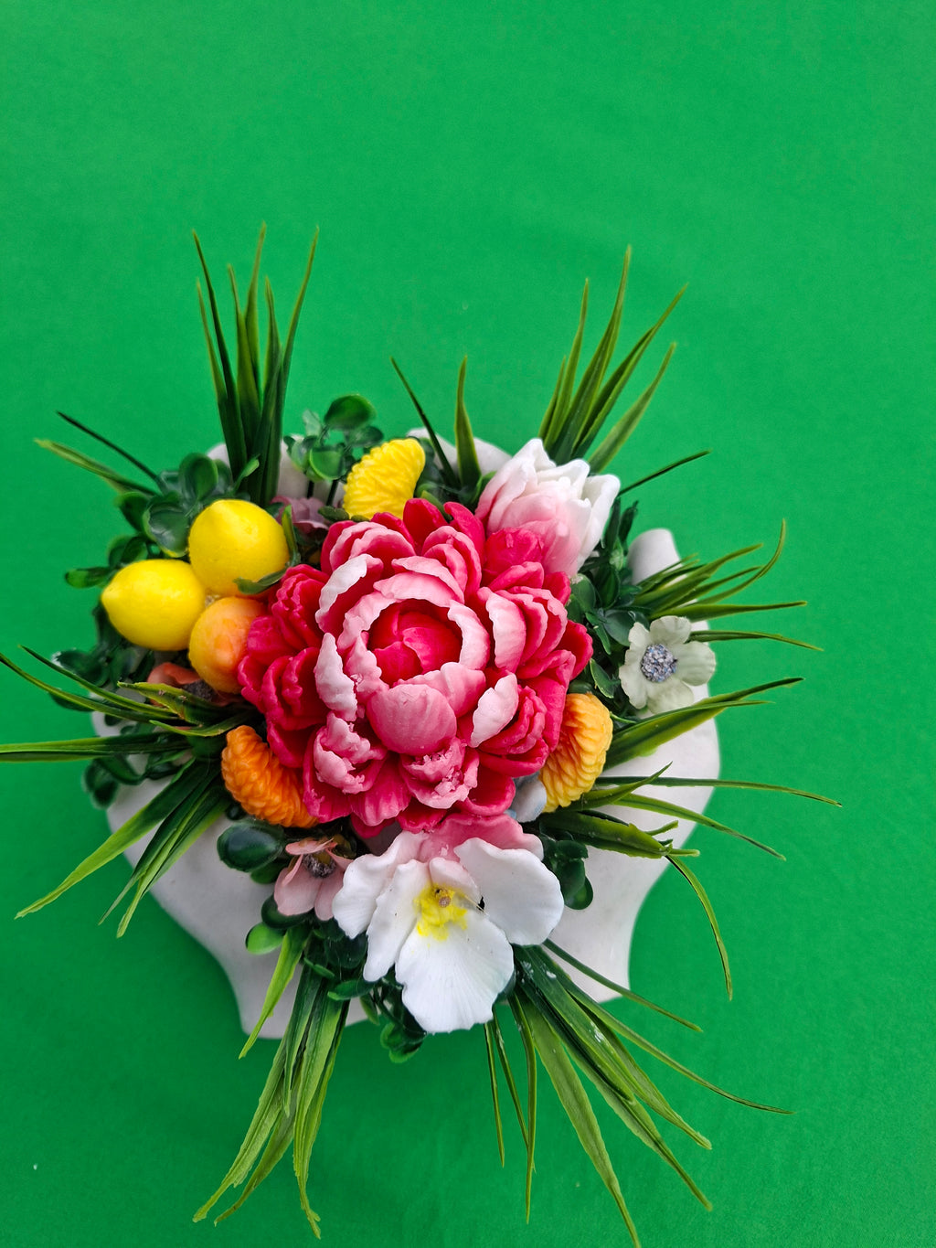 Vibrant Pink And Yellow Artificial Flower Arrangement In White Stone Base