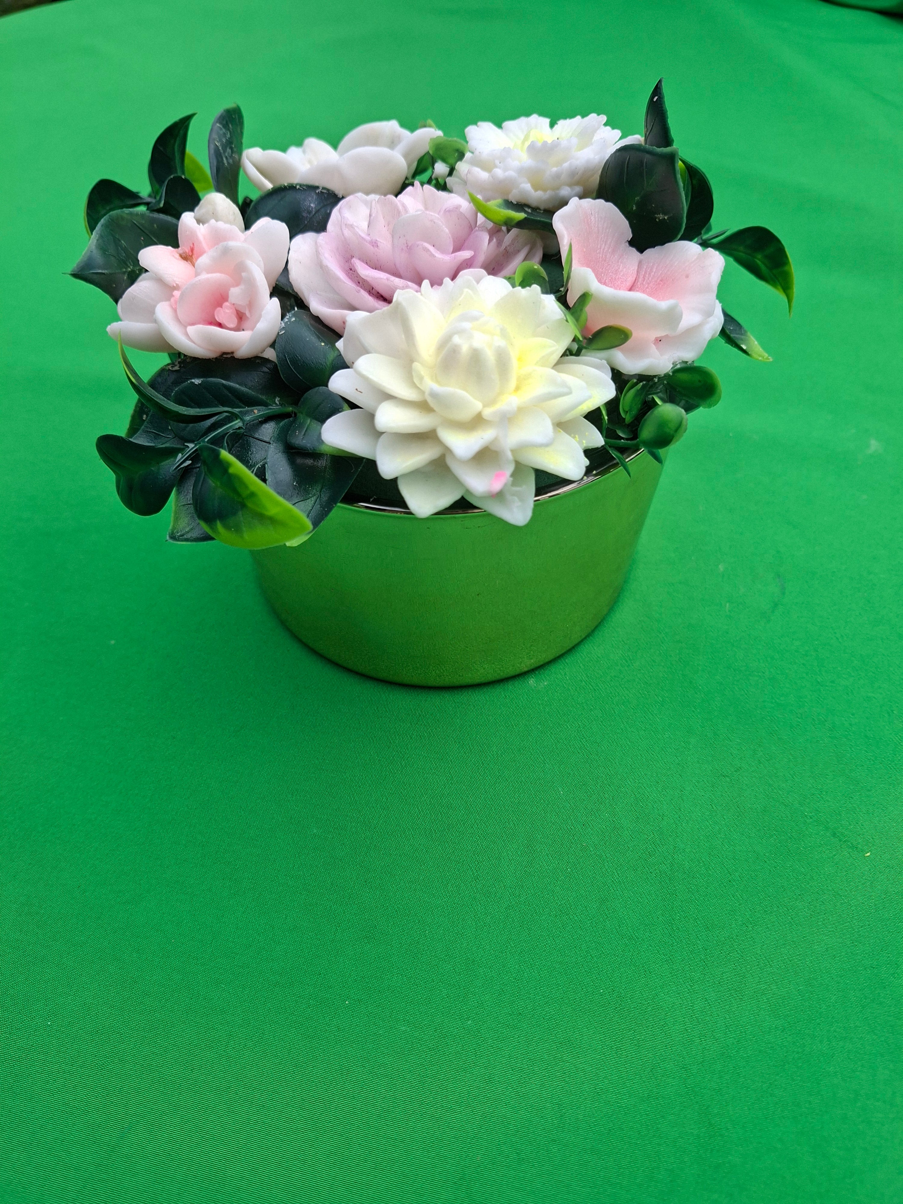 Pastel Artificial Peony Bouquet in Green Pot Decor