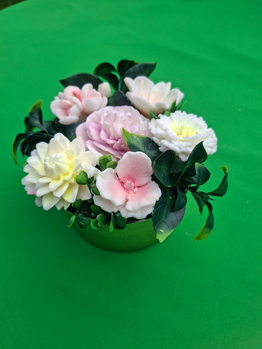 Pastel Artificial Peony Bouquet in Green Pot Decor