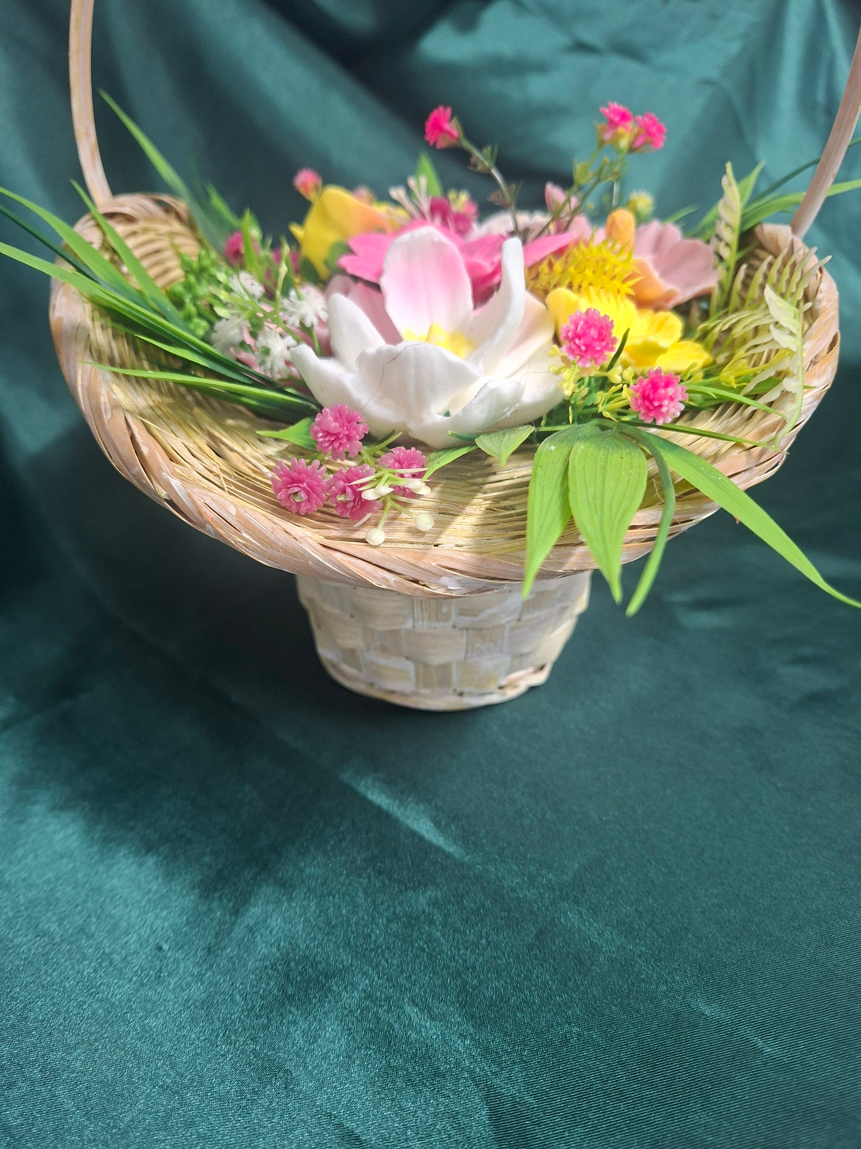 Woven Wood Basket Floral Artificial Arrangement for Home Decor