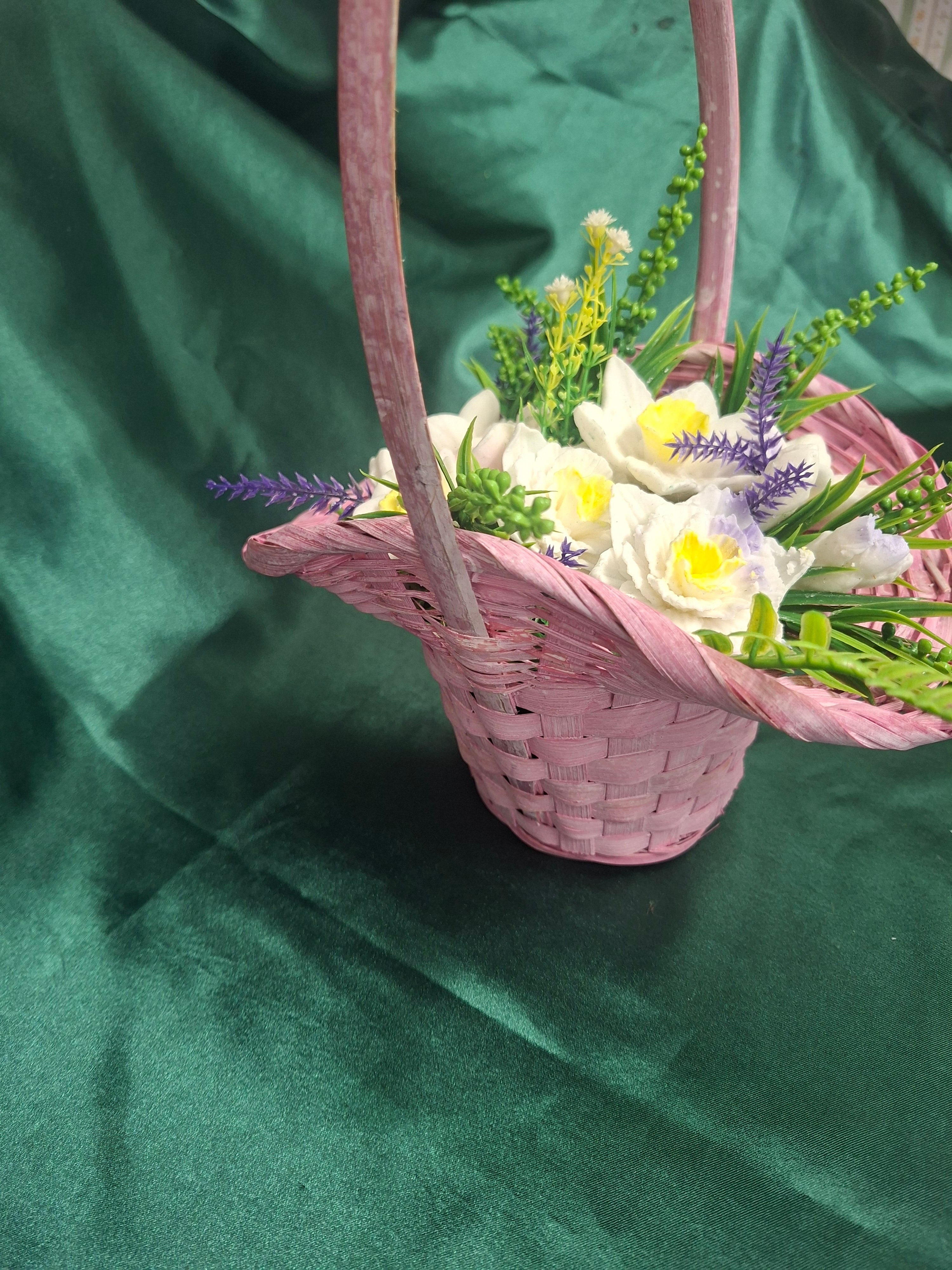 Pink Woven Basket With Artificial Flowers Home Decor Accent
