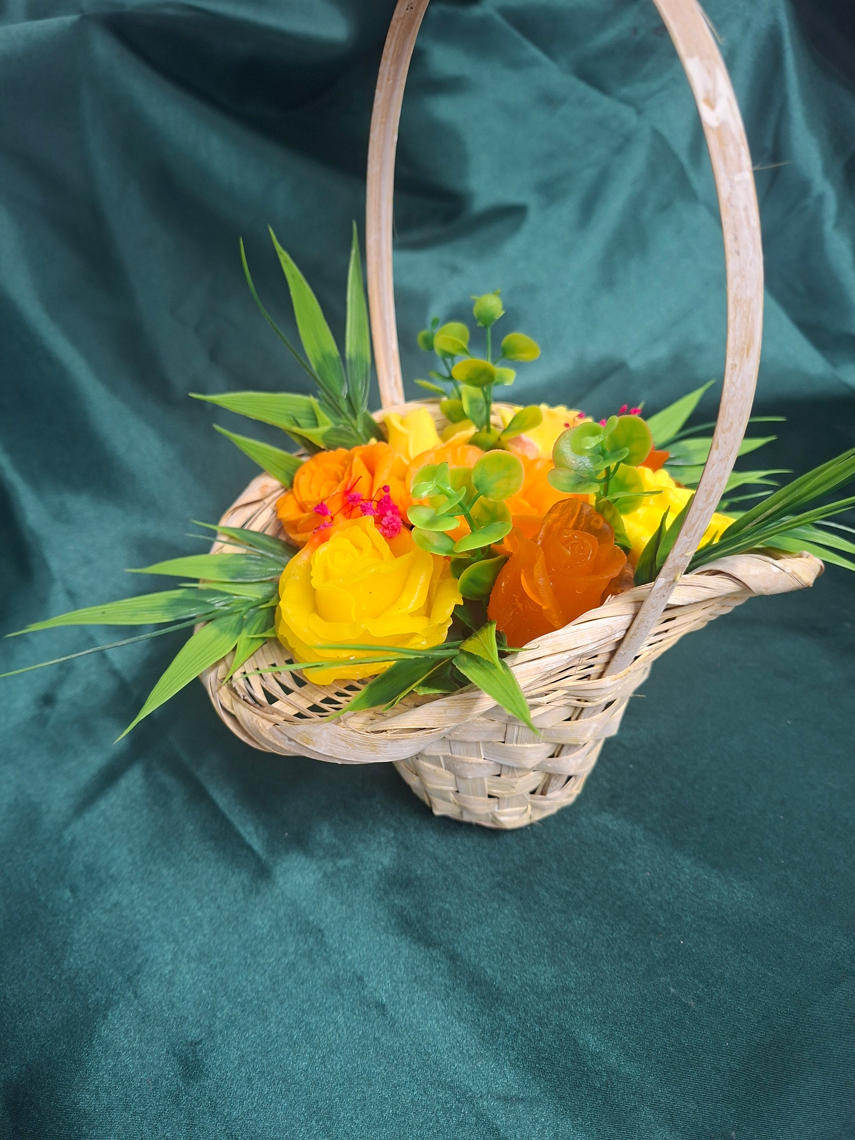 Woven Basket Floral Arrangement With Artificial Orange And Yellow Roses