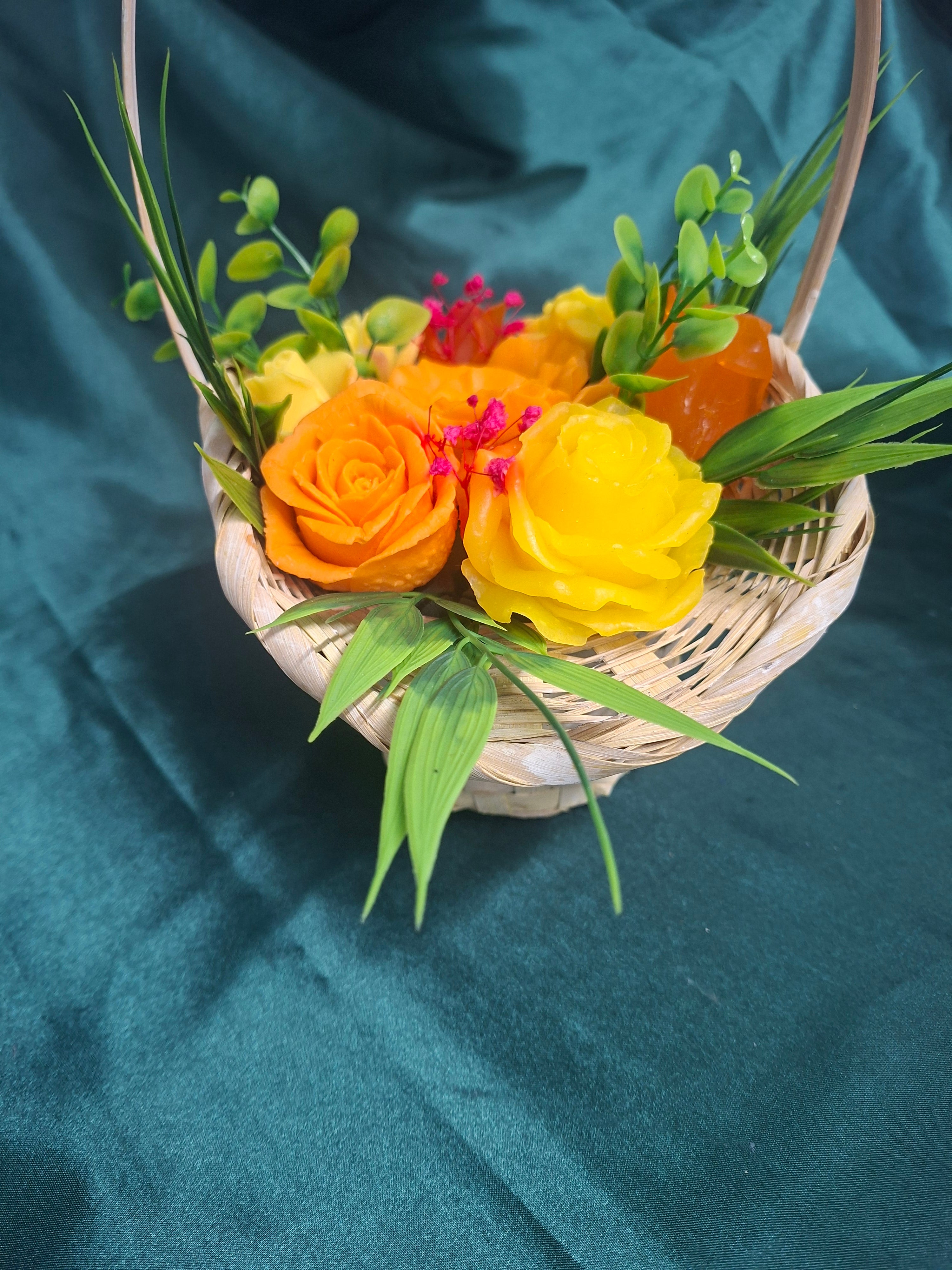 Woven Basket Floral Arrangement With Artificial Orange And Yellow Roses
