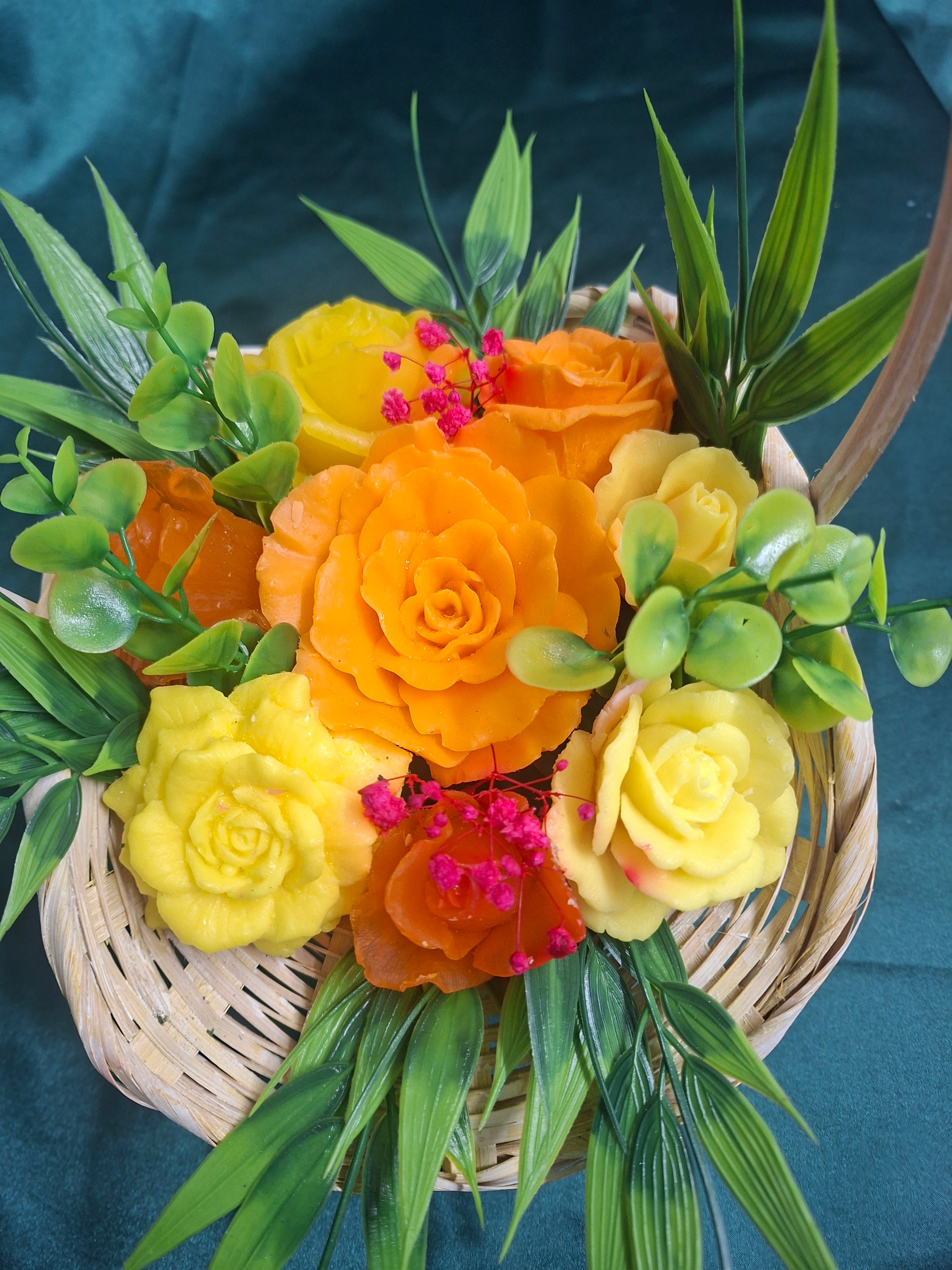 Woven Basket Floral Arrangement With Artificial Orange And Yellow Roses