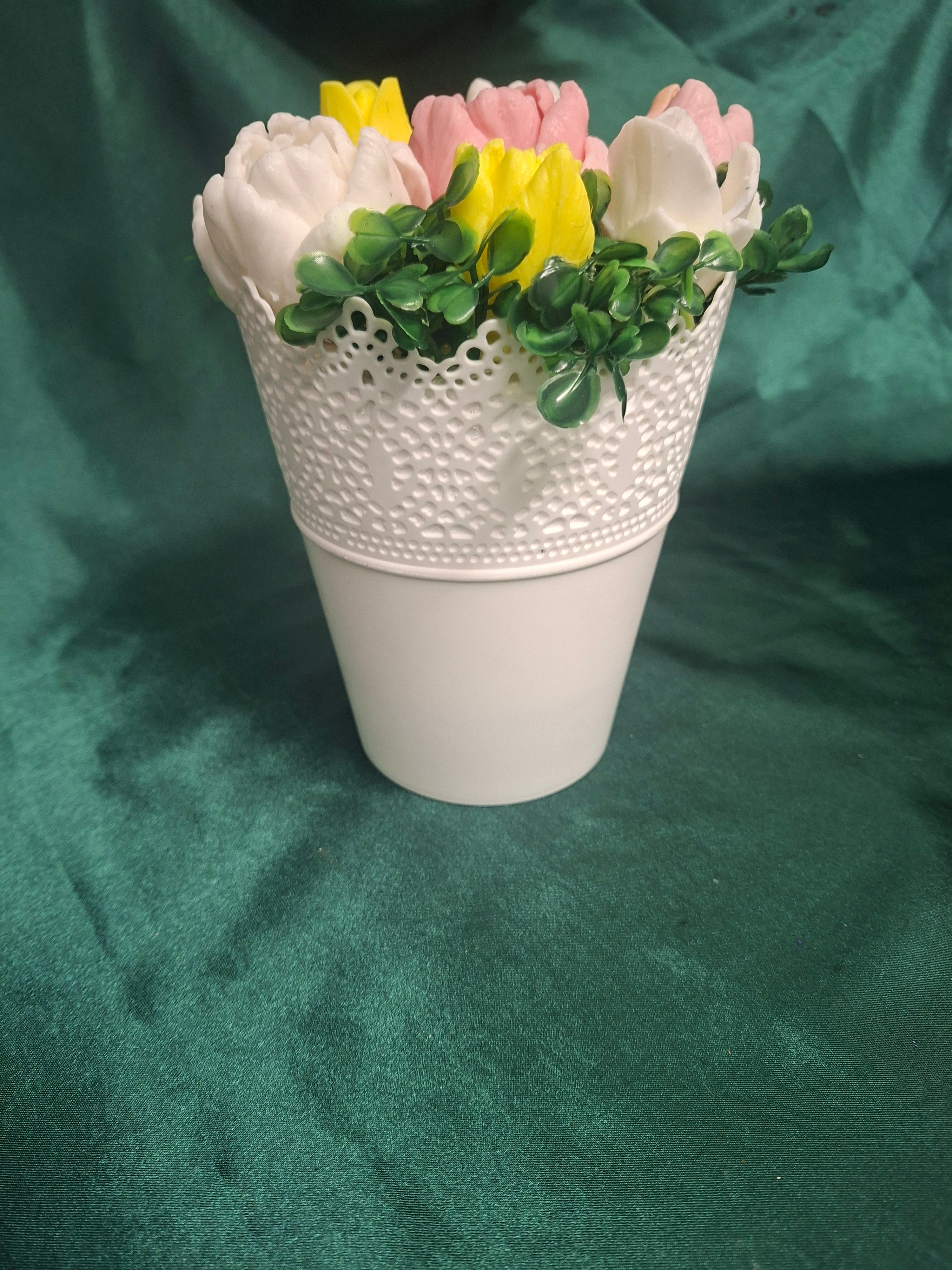 White Lattice Flower Box With Artificial Tulips And Greenery