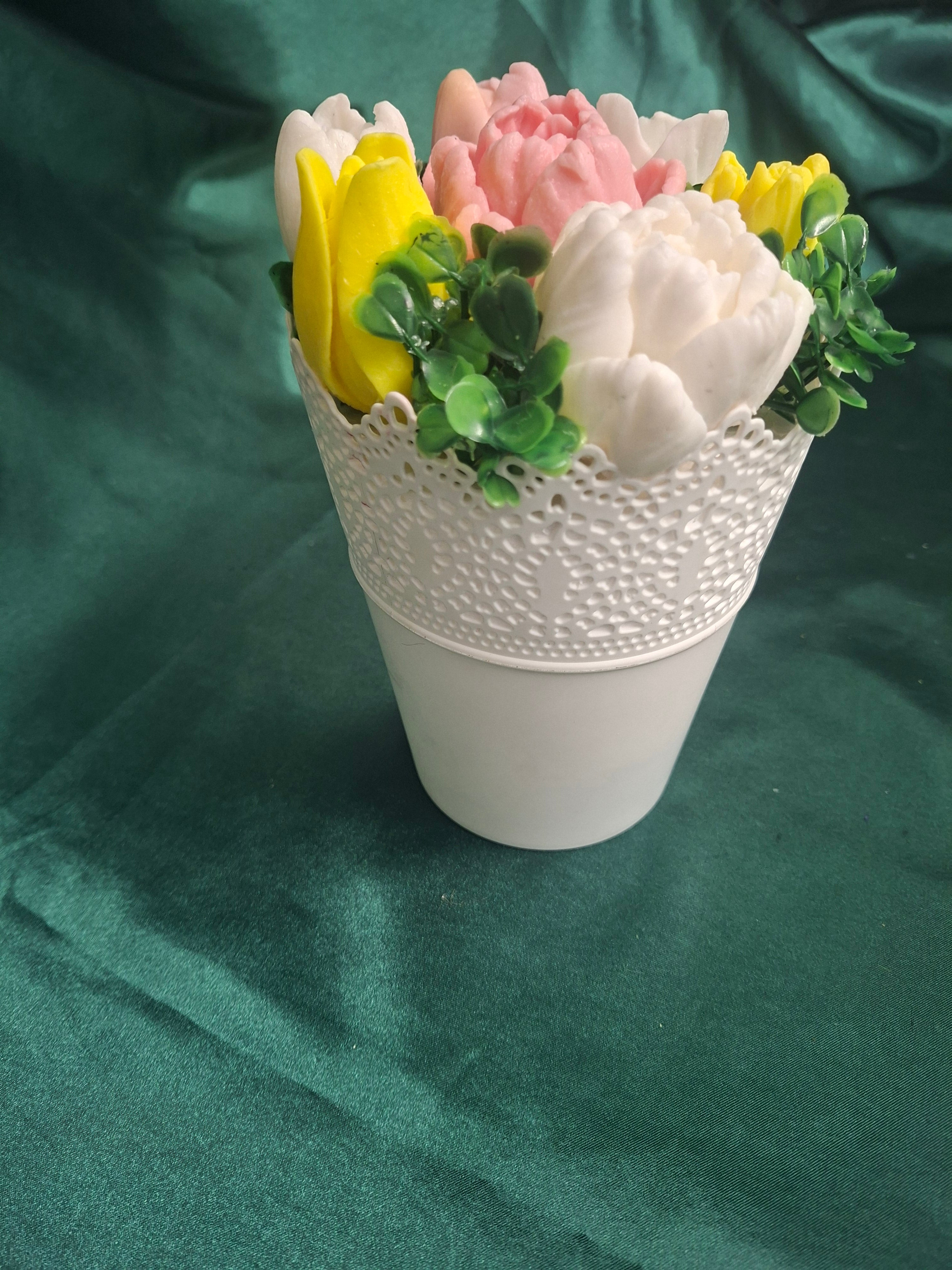 White Lattice Flower Box With Artificial Tulips And Greenery