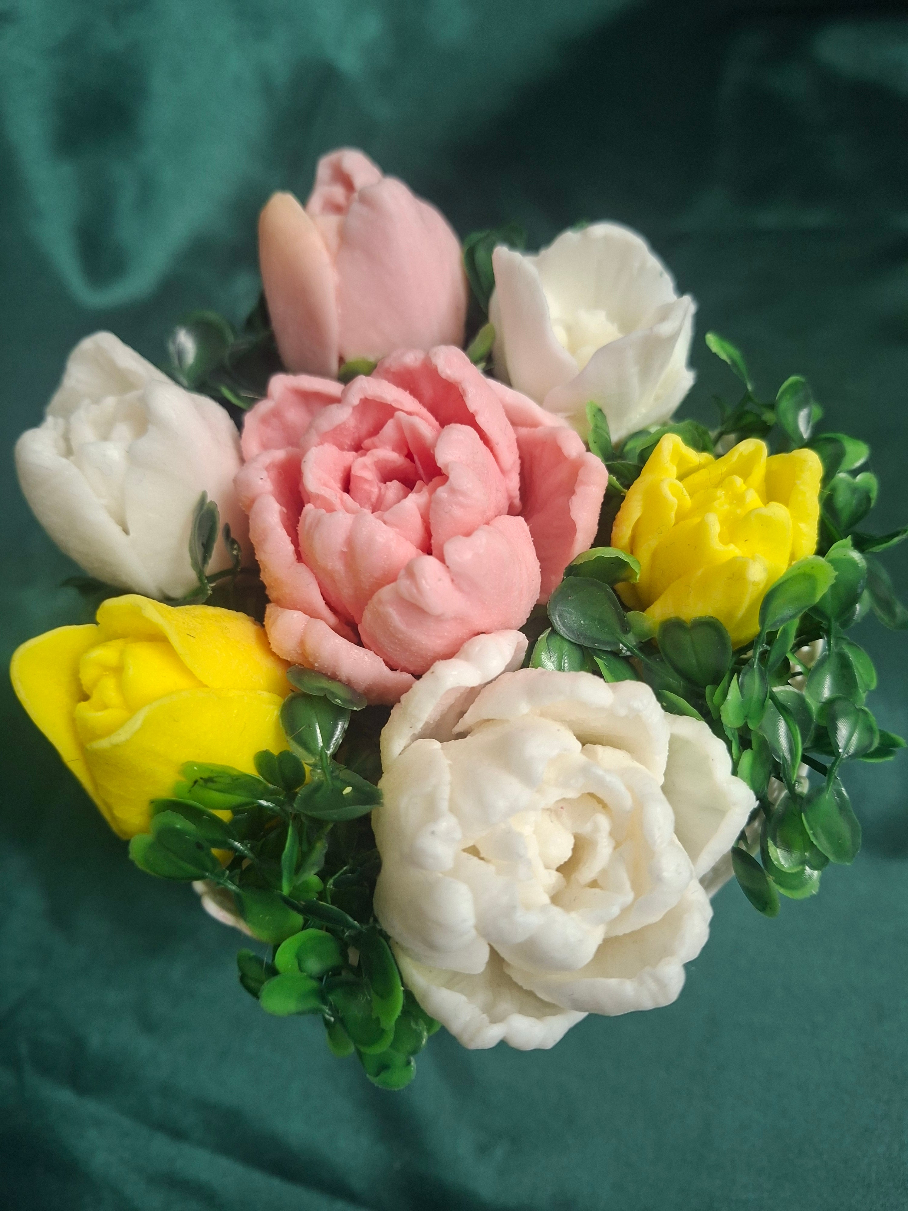 White Lattice Flower Box With Artificial Tulips And Greenery