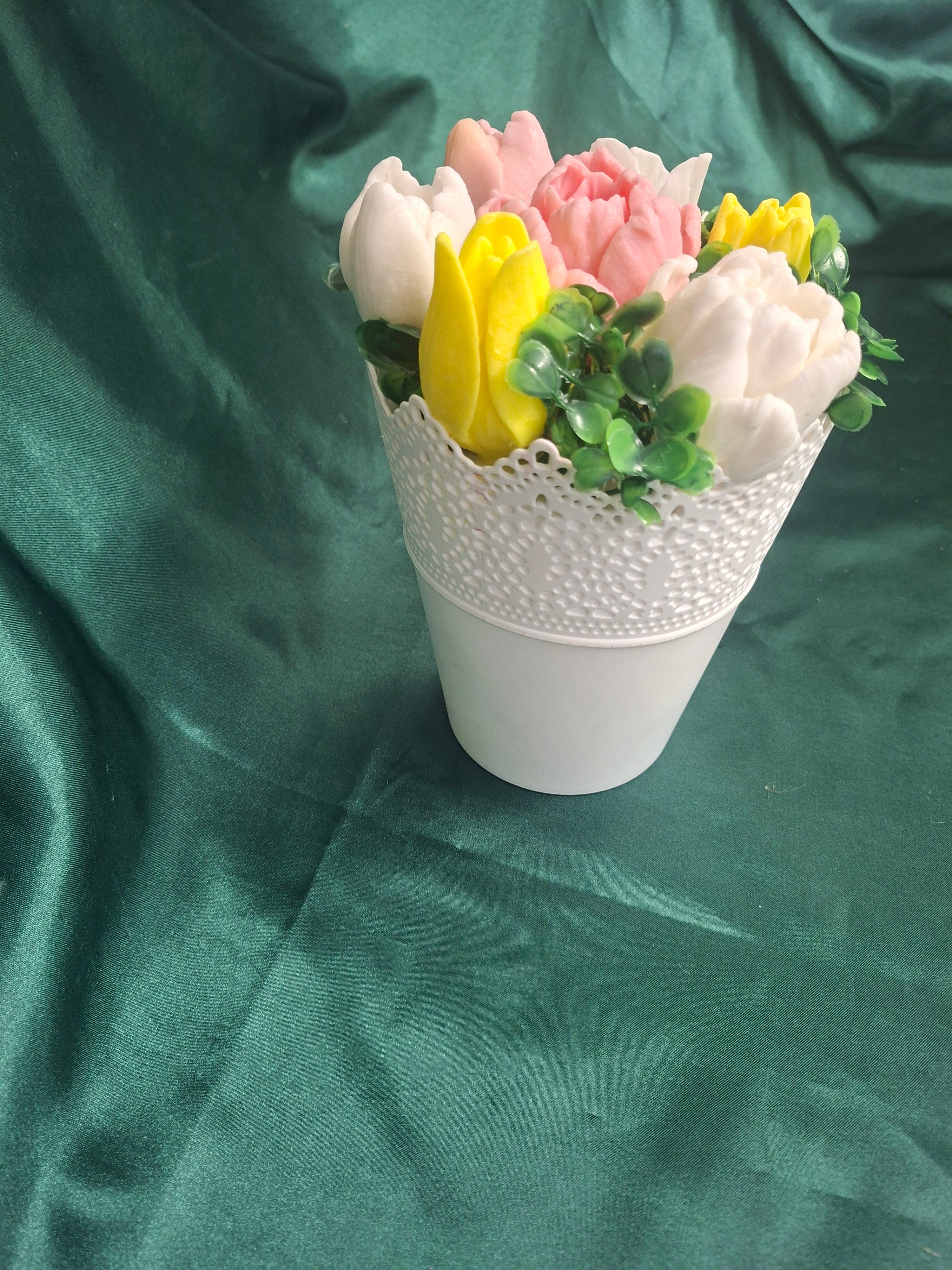 White Lattice Flower Box With Artificial Tulips And Greenery