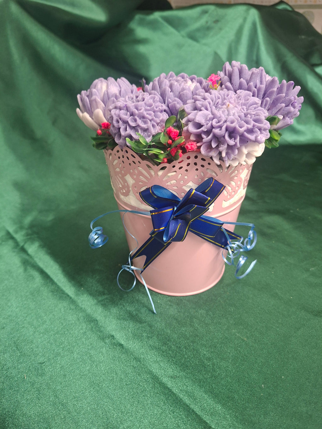 Artificial Flower Box Arrangement In Pink Lace Bucket With Purple Hydrangeas