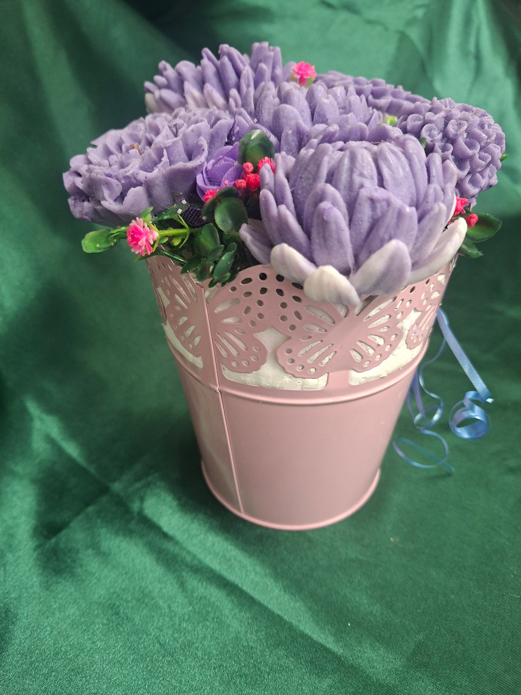 Artificial Flower Box Arrangement In Pink Lace Bucket With Purple Hydrangeas