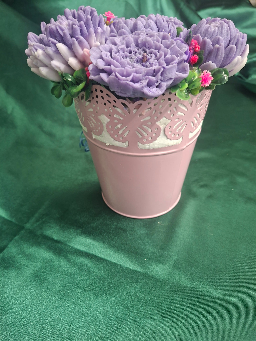 Artificial Flower Box Arrangement In Pink Lace Bucket With Purple Hydrangeas