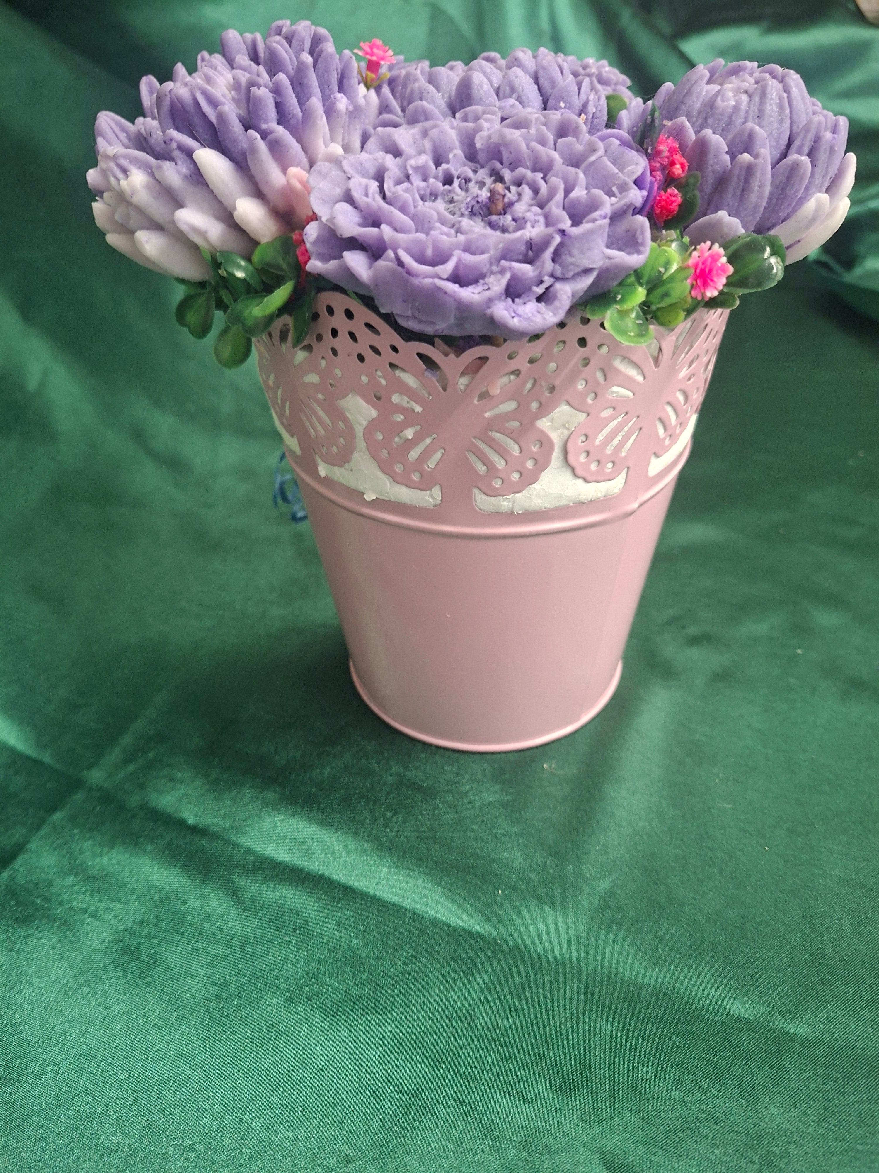 Artificial Flower Box Arrangement In Pink Lace Bucket With Purple Hydrangeas