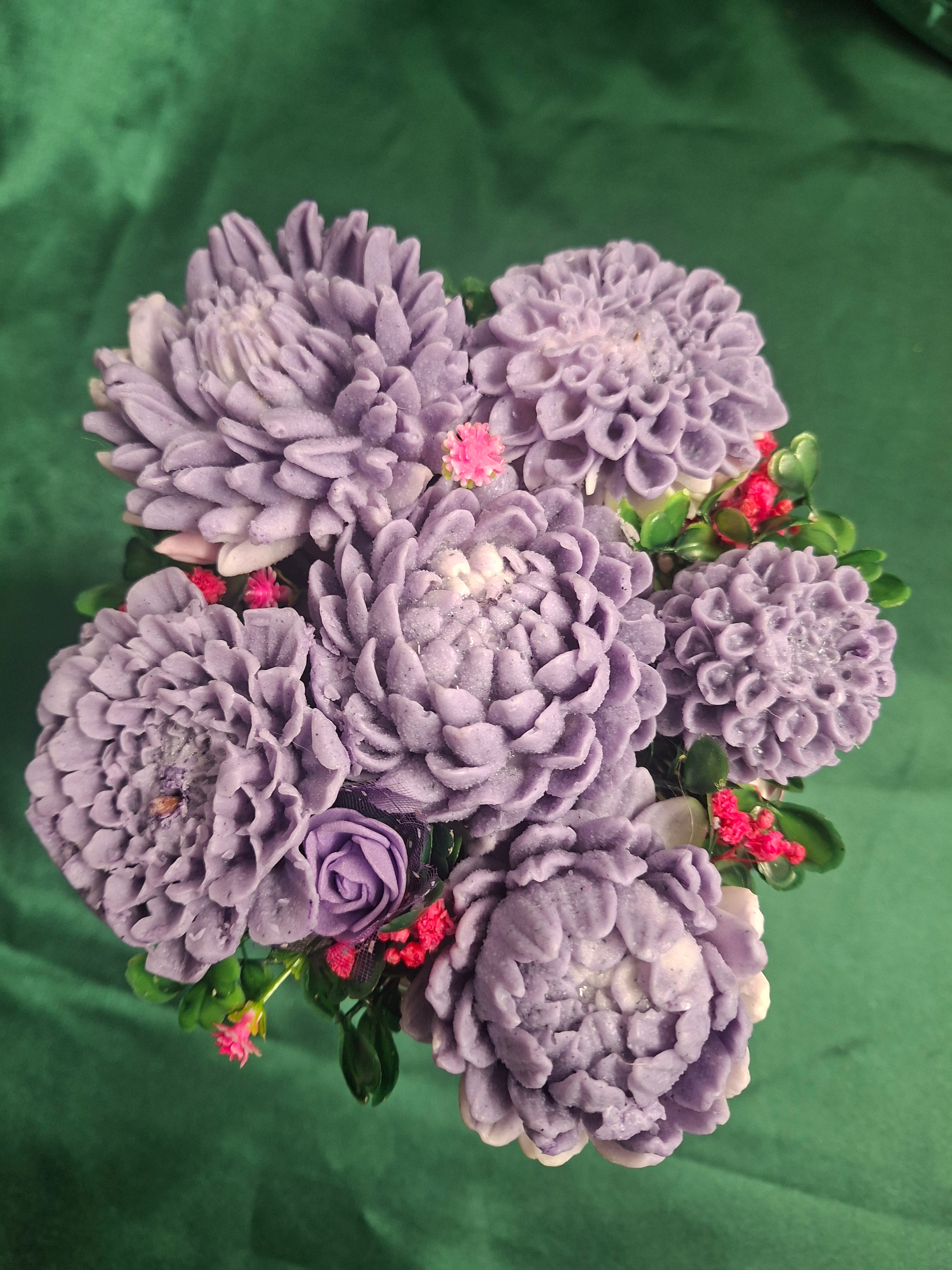 Artificial Flower Box Arrangement In Pink Lace Bucket With Purple Hydrangeas