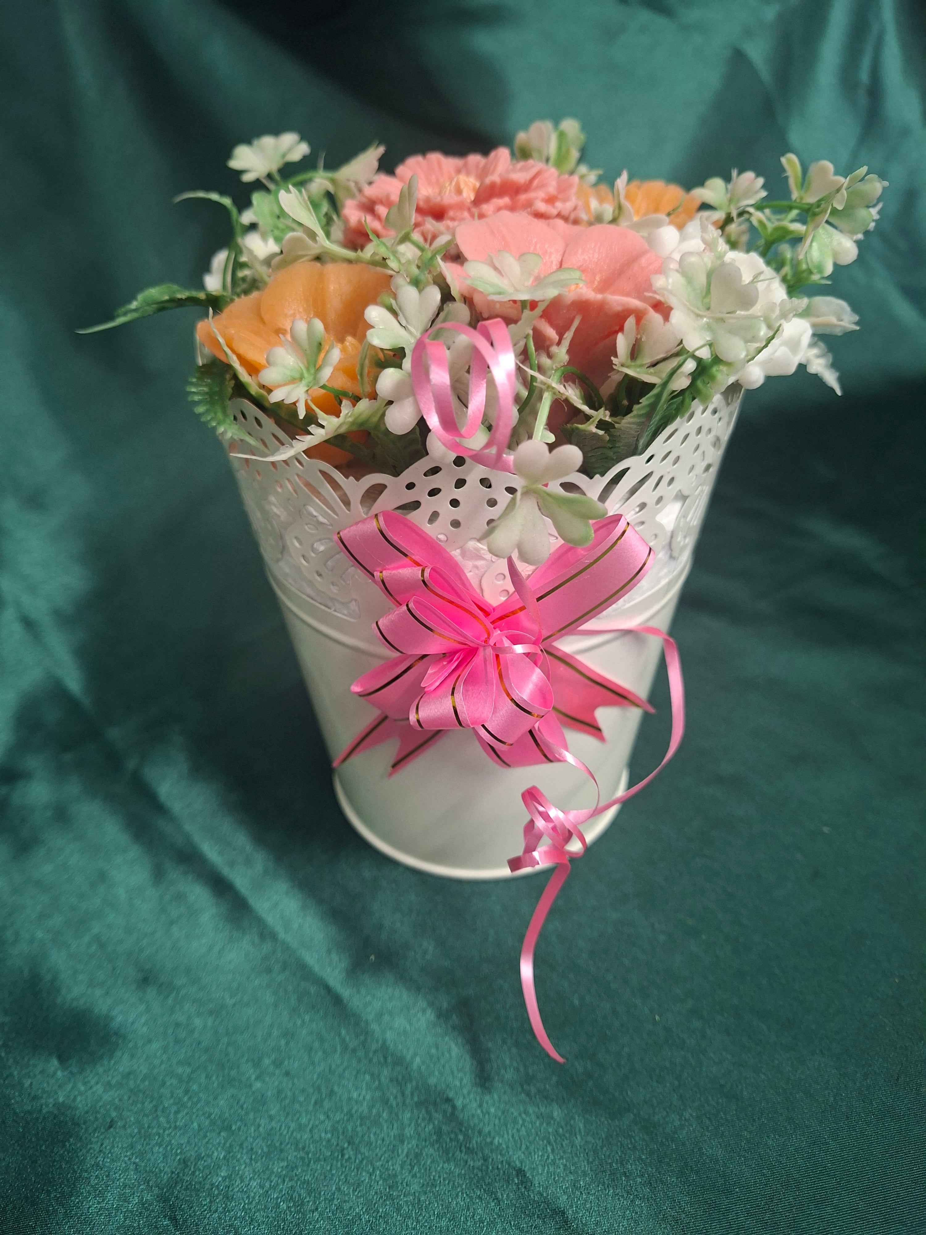 White Metal Flower Box With Artificial Flowers For Home Decor