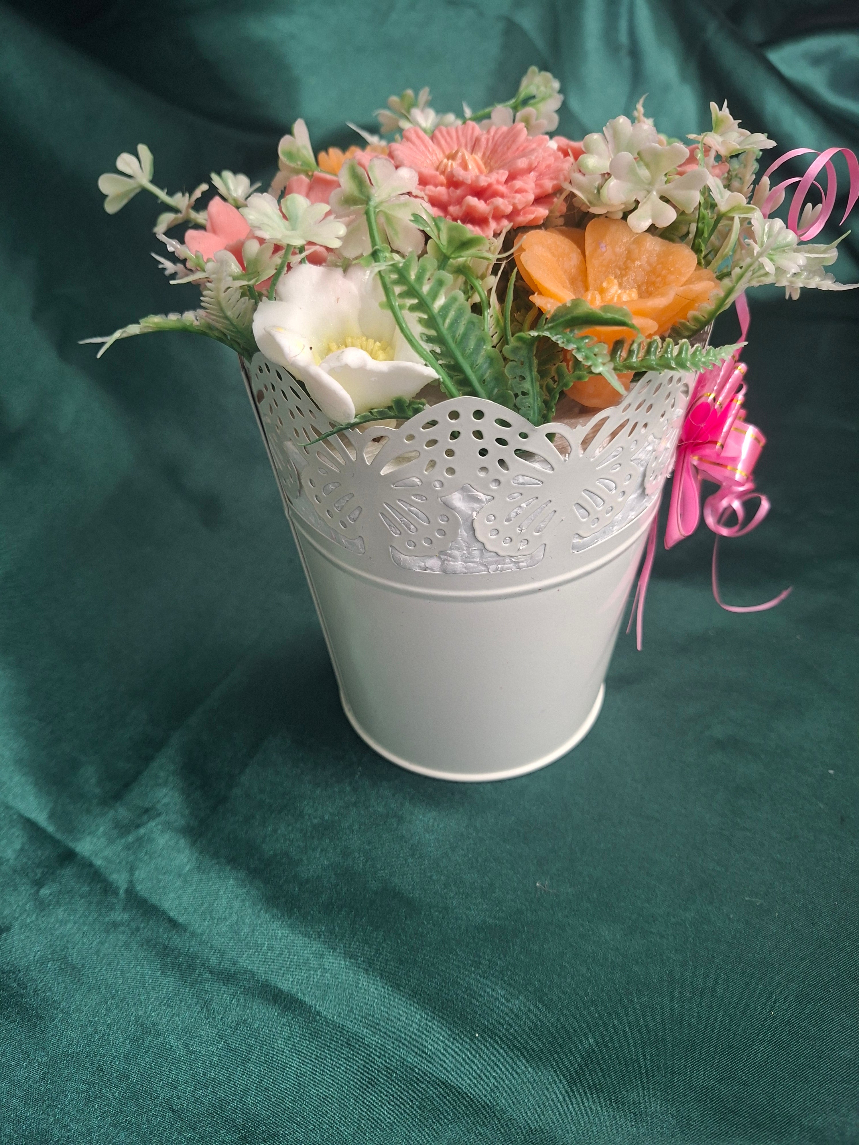 White Metal Flower Box With Artificial Flowers For Home Decor