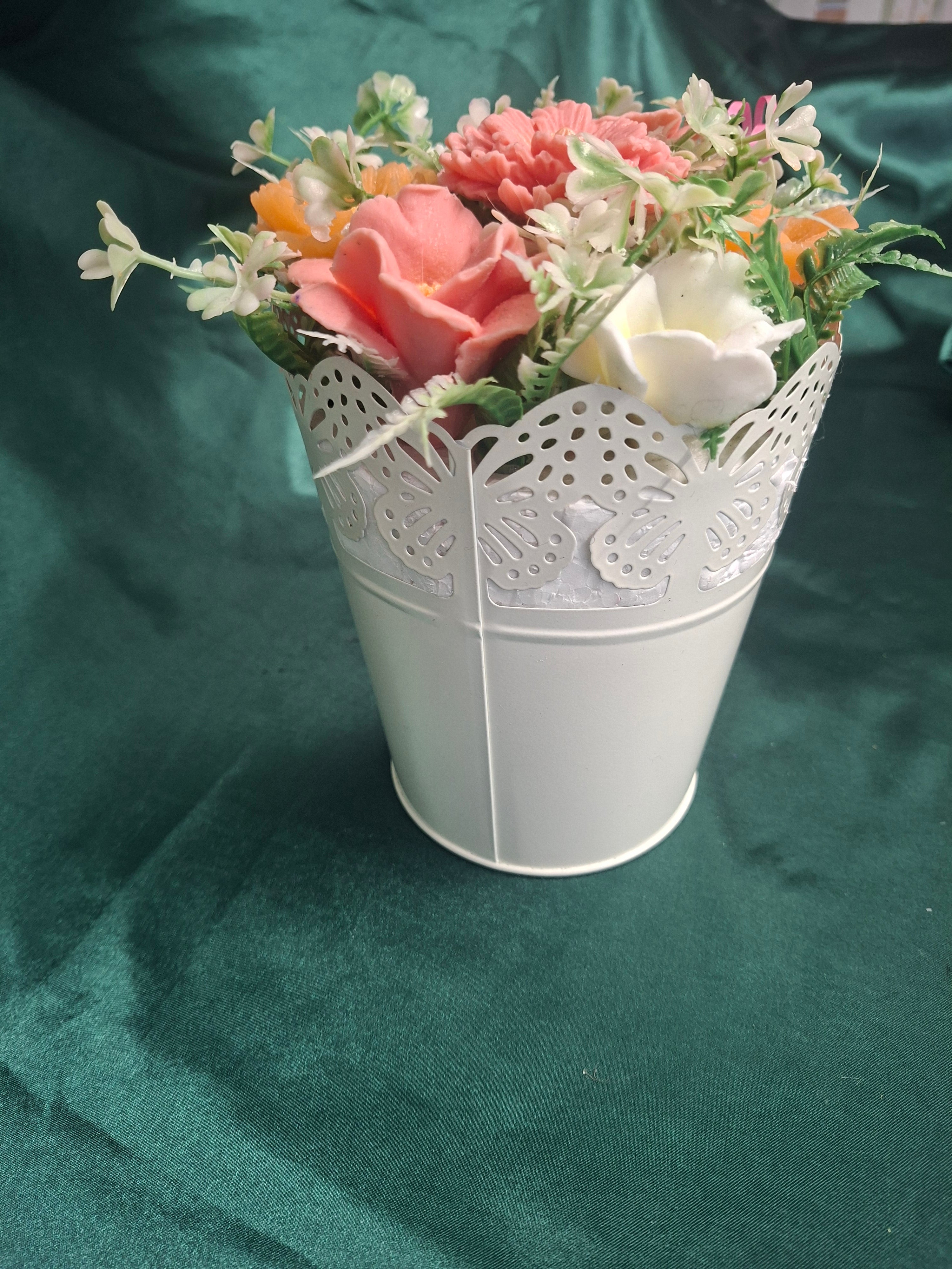 White Metal Flower Box With Artificial Flowers For Home Decor
