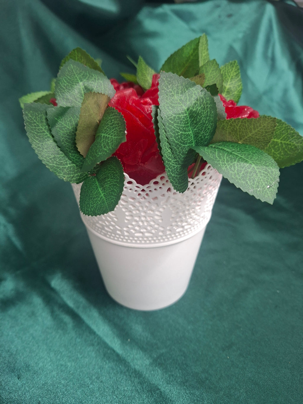 Artificial Flower Arrangement In White Lace Pot Decor