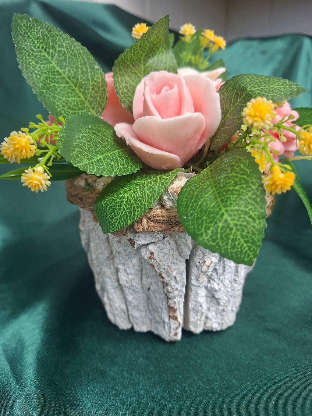 Artificial Pink Rose Bouquet With White Flowers And Greenery In Woven Basket