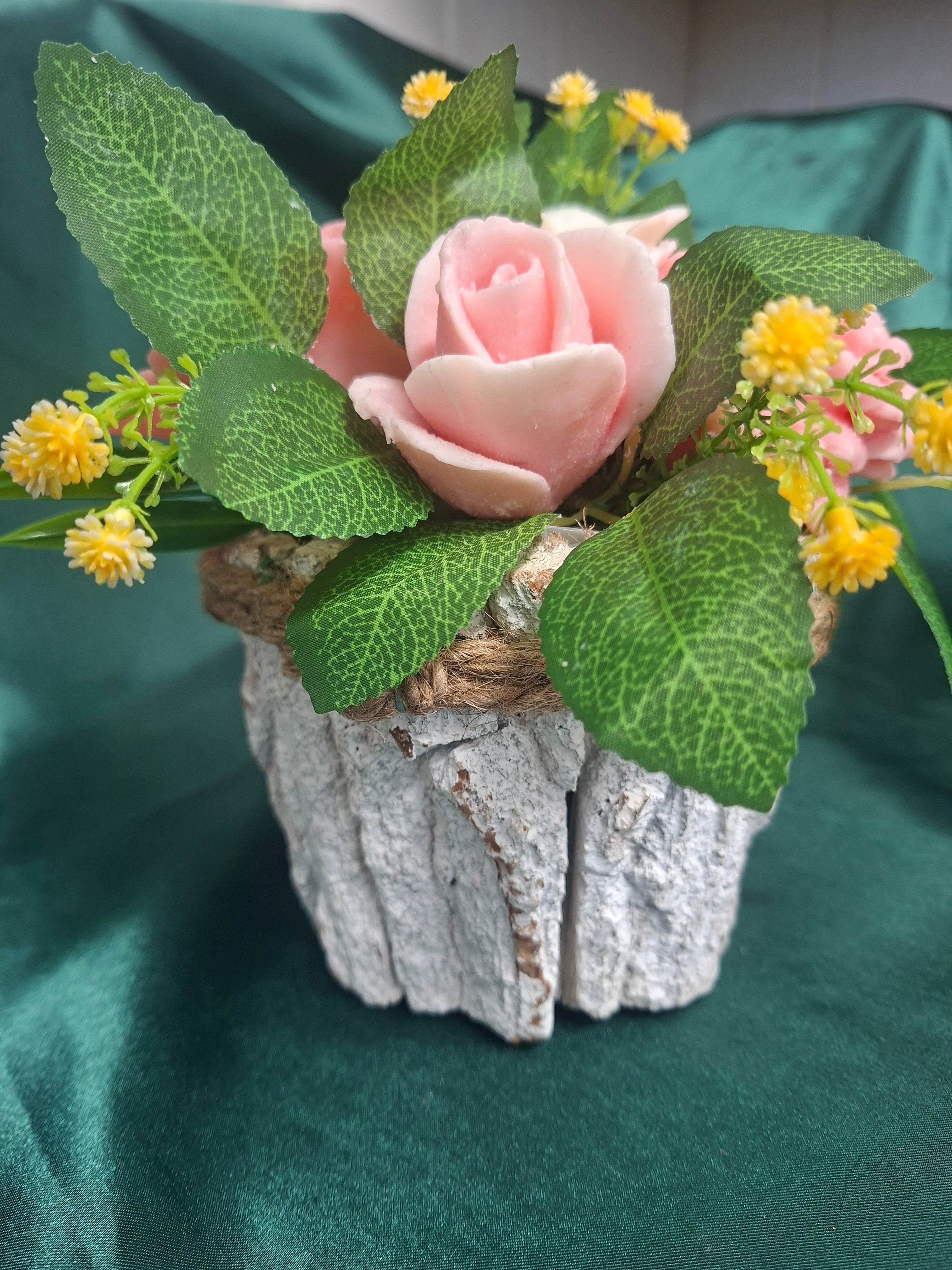 Artificial Pink Rose Bouquet With White Flowers And Greenery In Woven Basket