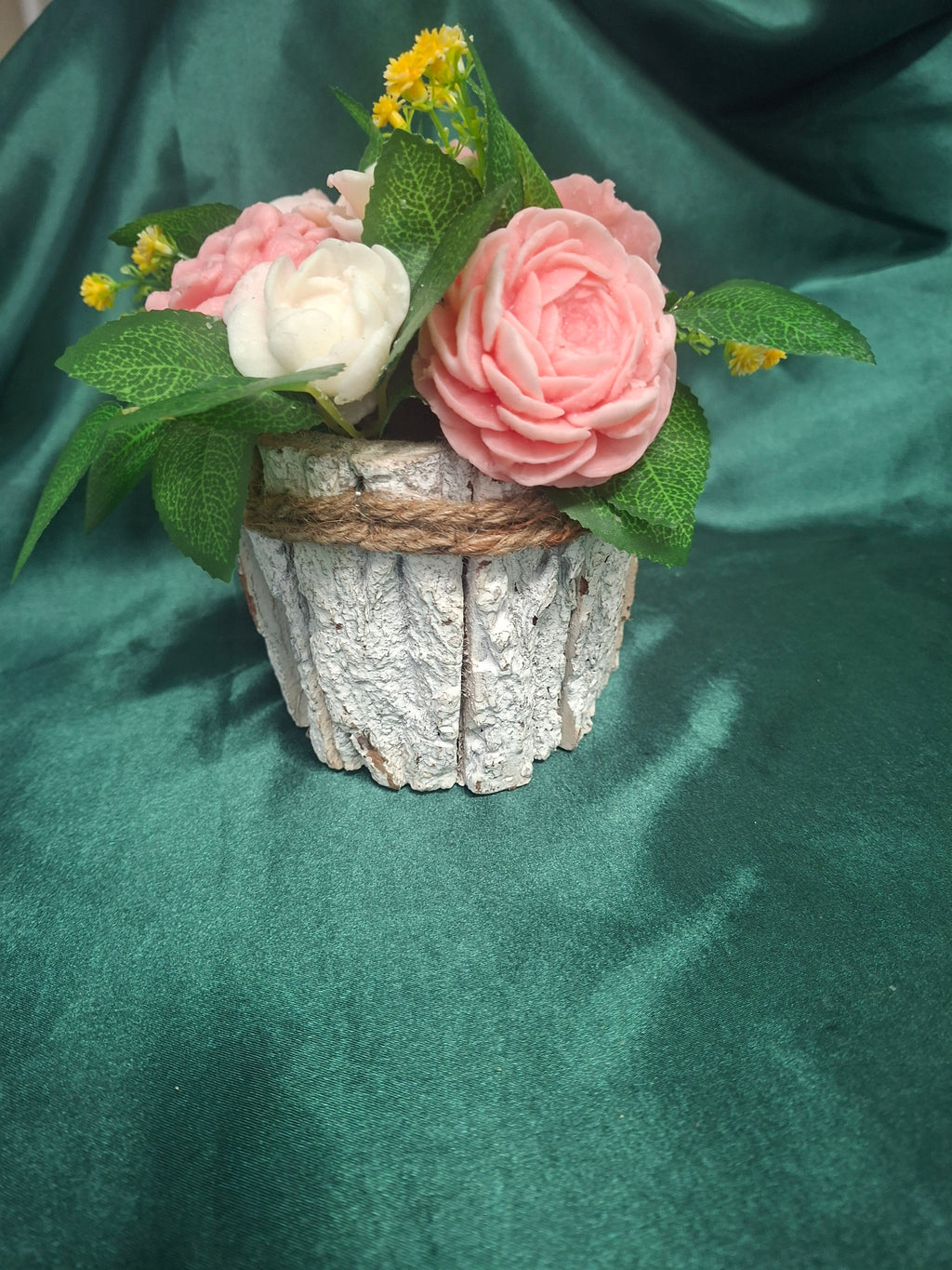 Artificial Pink Rose Bouquet With White Flowers And Greenery In Woven Basket
