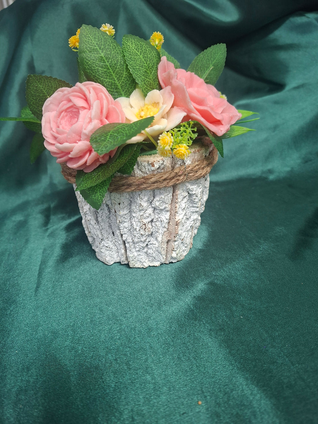 Artificial Pink Rose Bouquet With White Flowers And Greenery In Woven Basket
