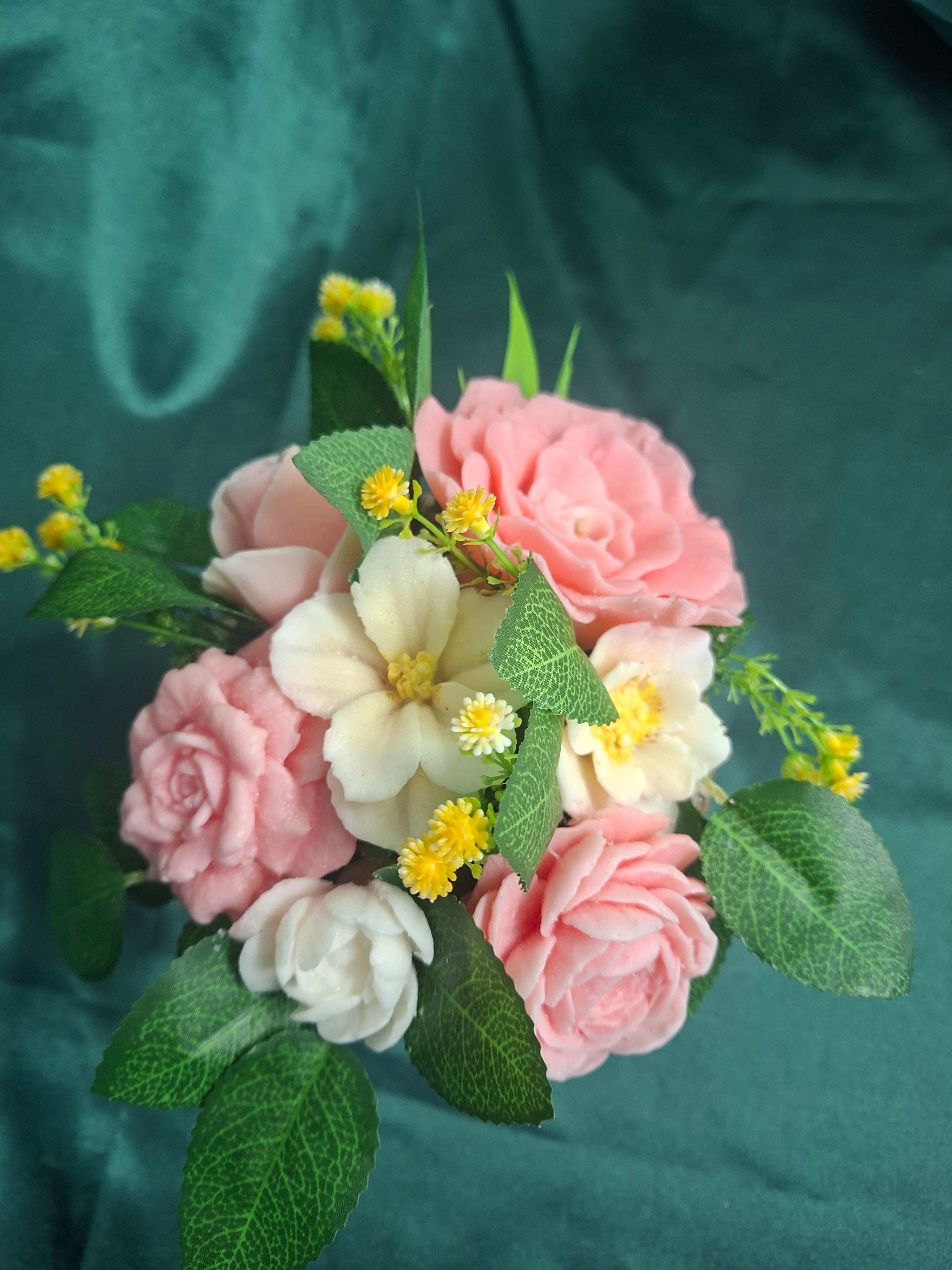 Artificial Pink Rose Bouquet With White Flowers And Greenery In Woven Basket
