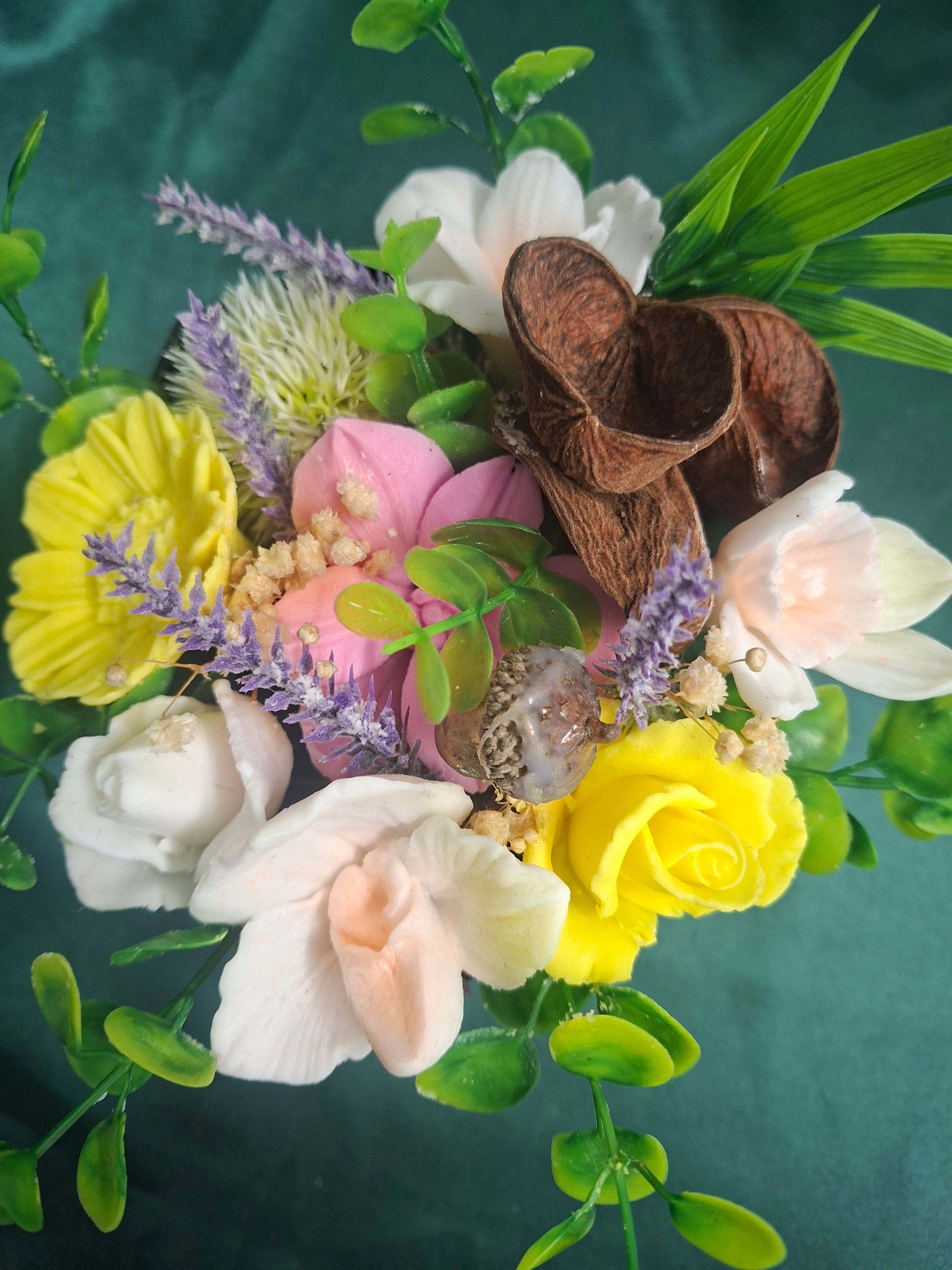 Artificial Flower Bouquet With Pink Yellow White Blooms And Greenery