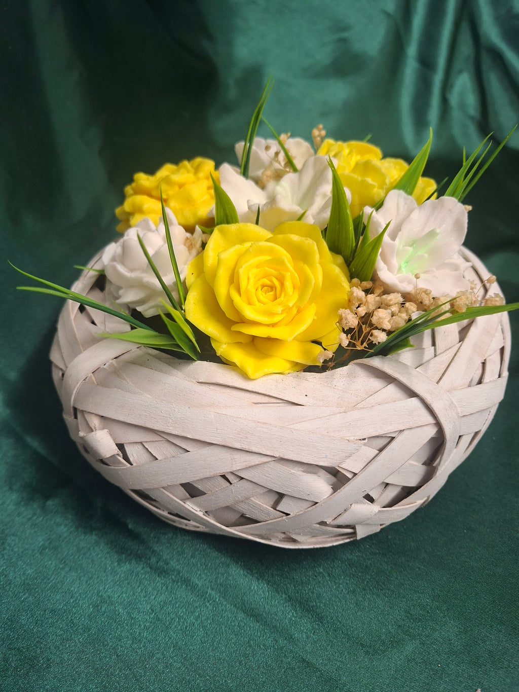 Yellow Artificial Floral Arrangement In Woven Wood Basket