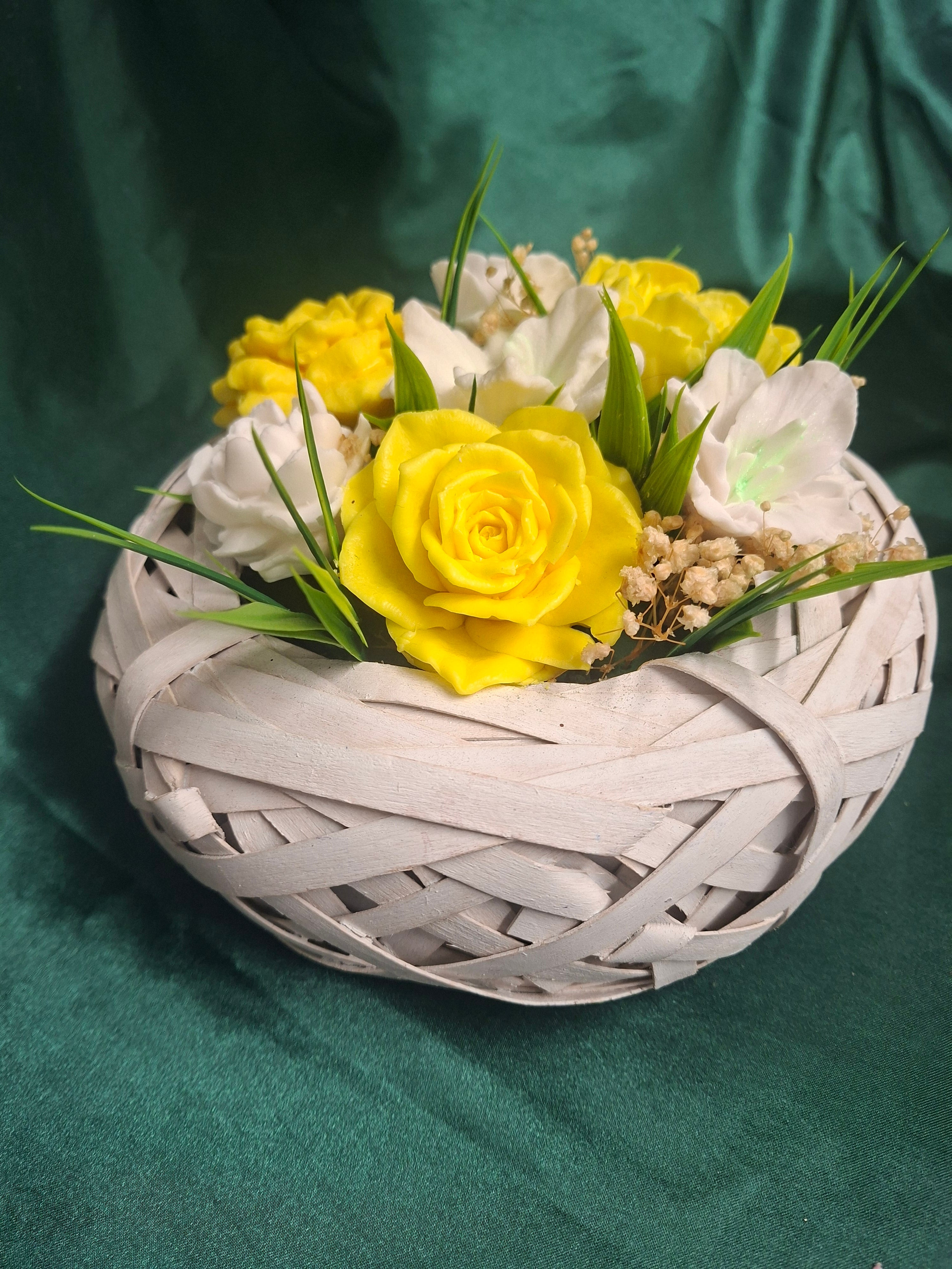 Yellow Artificial Floral Arrangement In Woven Wood Basket