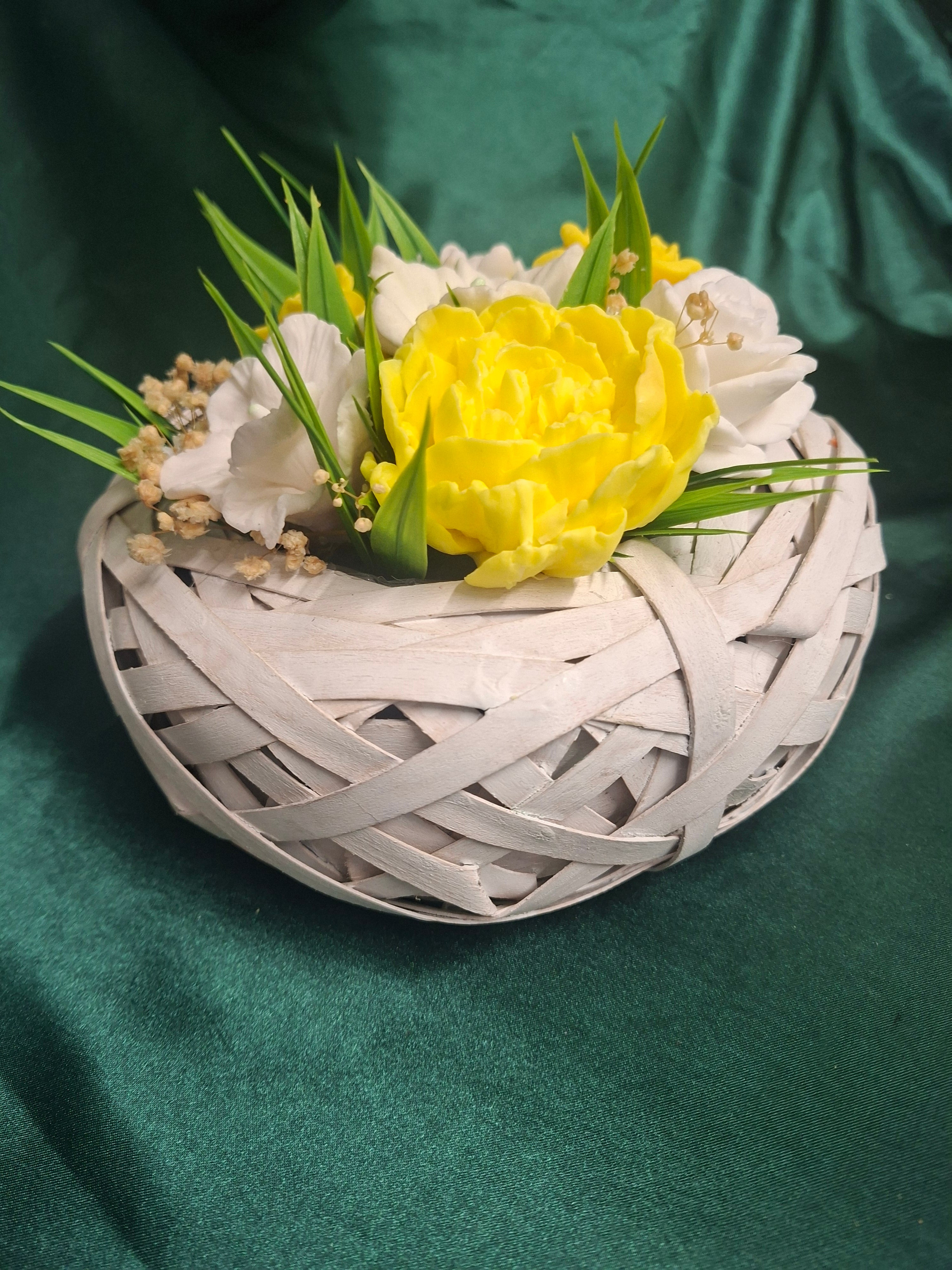 Yellow Artificial Floral Arrangement In Woven Wood Basket
