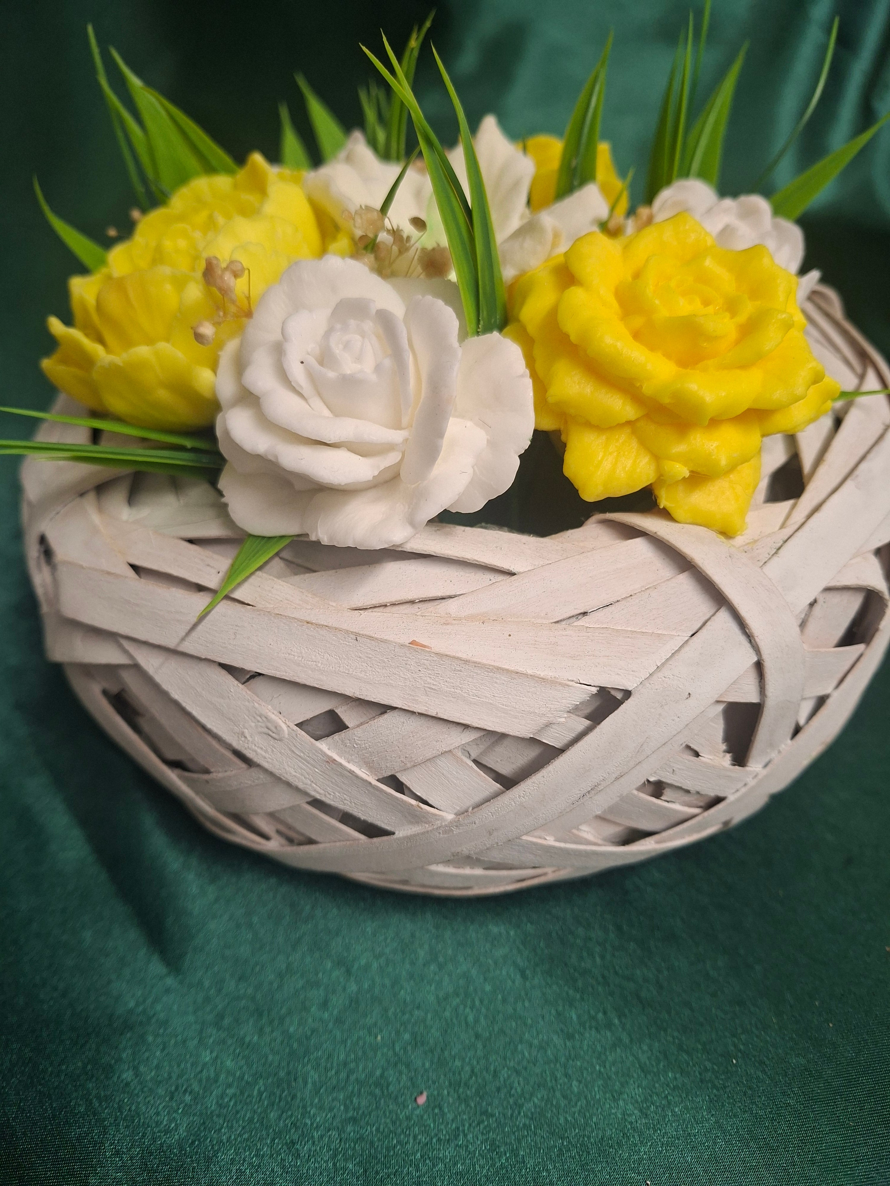 Yellow Artificial Floral Arrangement In Woven Wood Basket