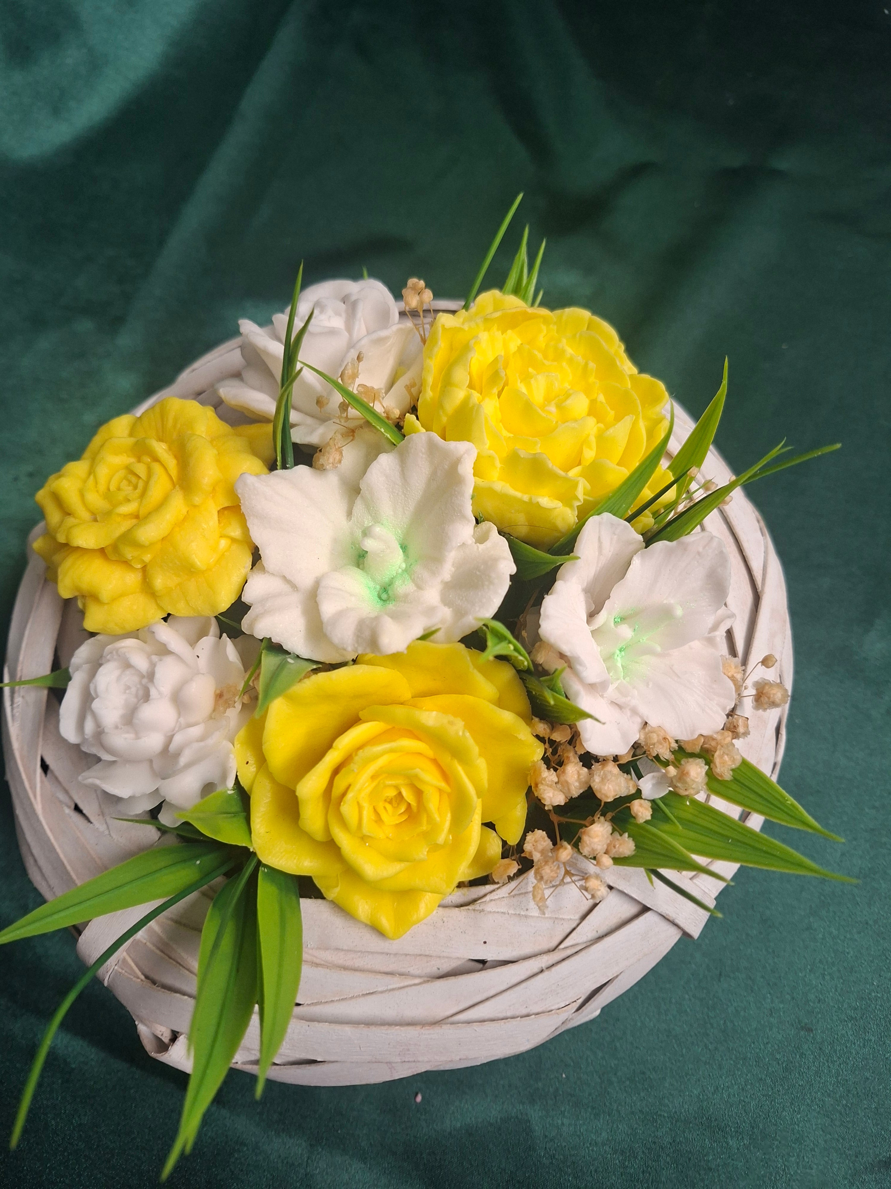 Yellow Artificial Floral Arrangement In Woven Wood Basket
