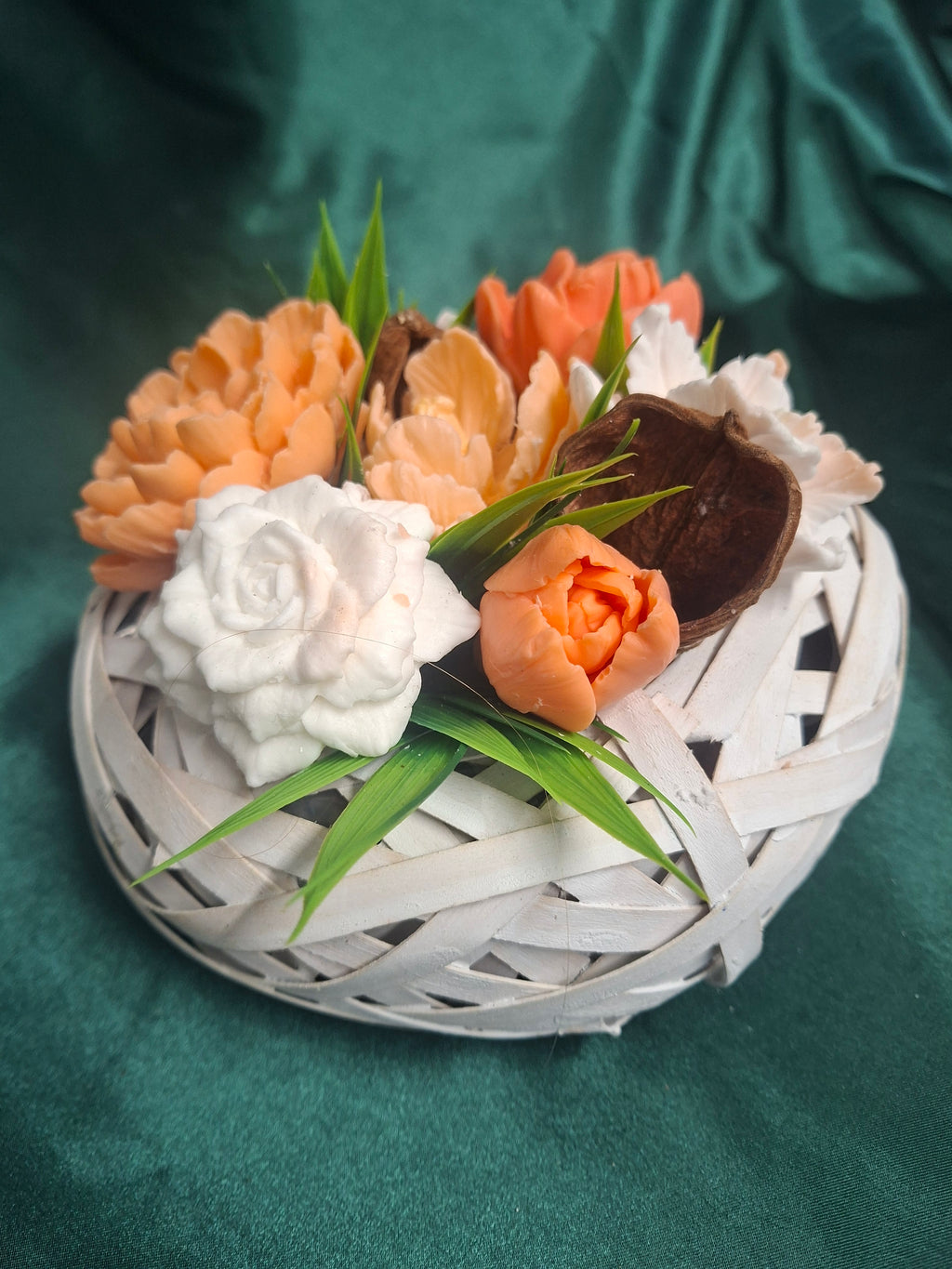 Artificial Peach and White Peony Floral Arrangement in White Woven Basket