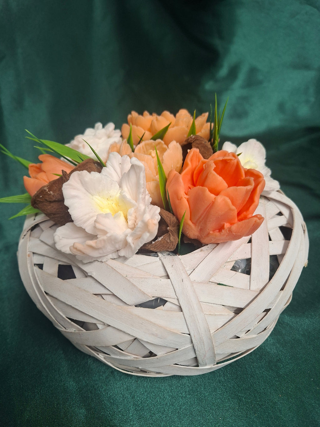 Artificial Peach and White Peony Floral Arrangement in White Woven Basket