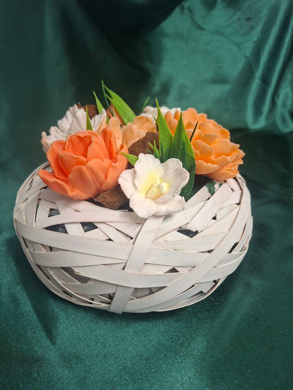 Artificial Peach and White Peony Floral Arrangement in White Woven Basket