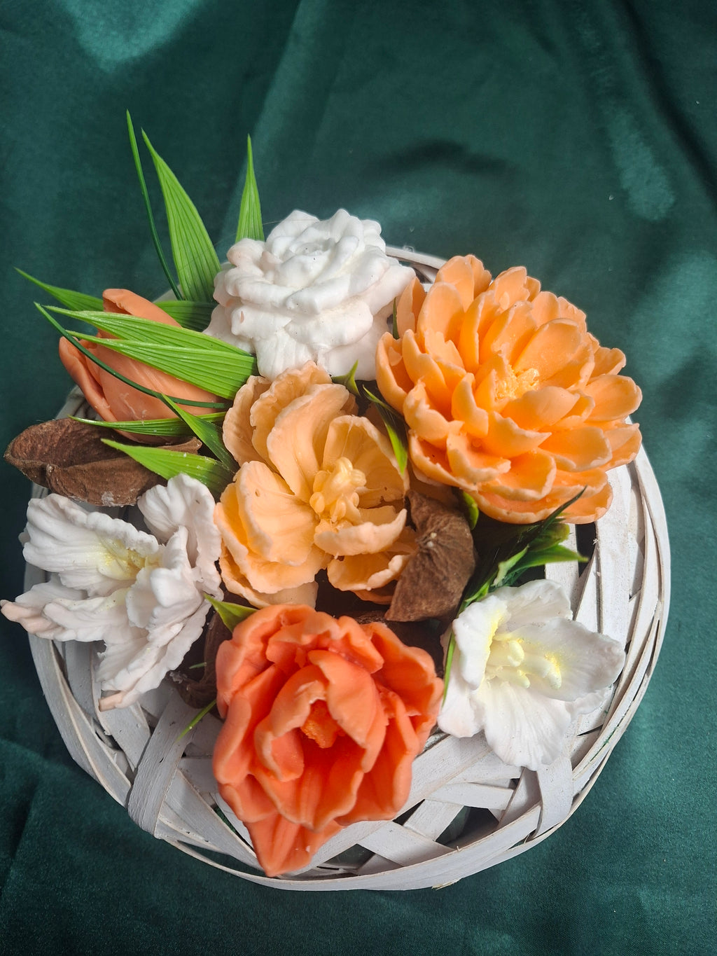 Artificial Peach and White Peony Floral Arrangement in White Woven Basket