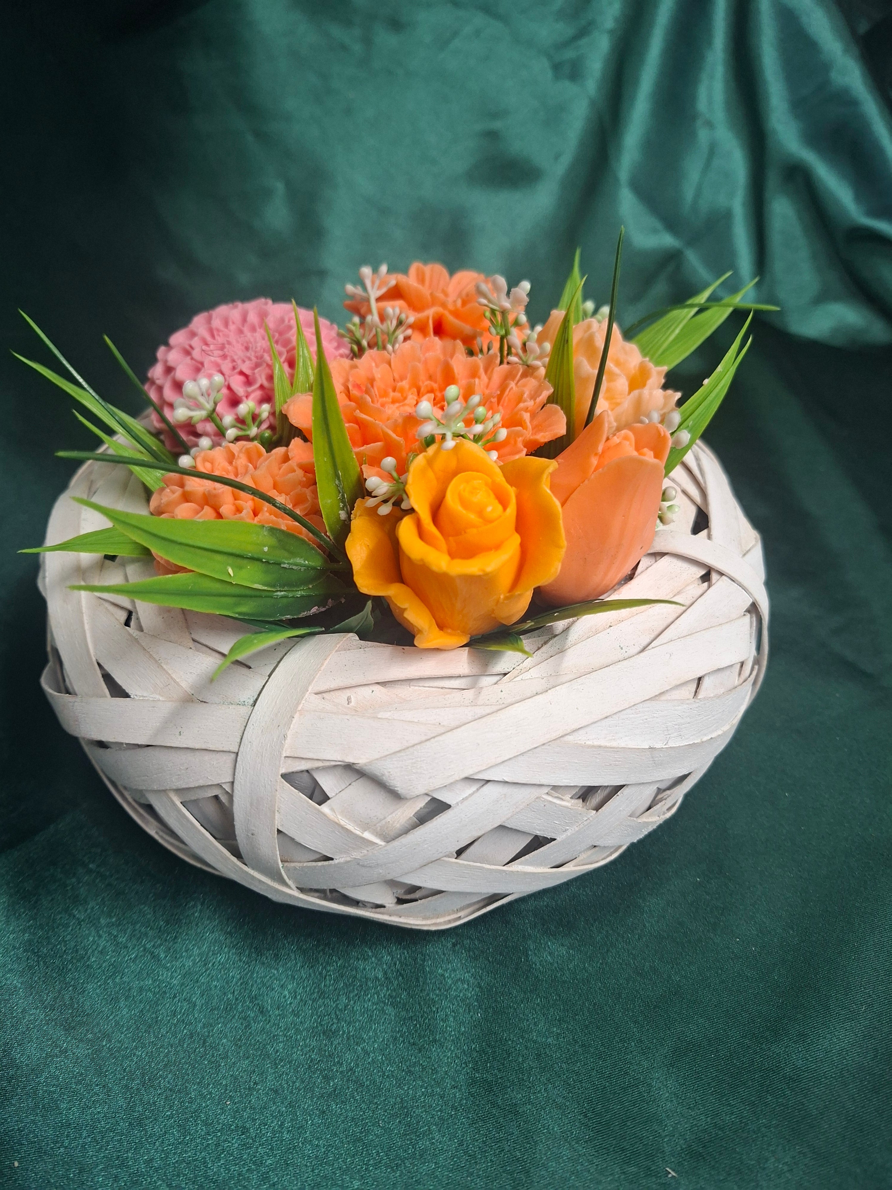 Woven Basket Floral Arrangement With Artificial Pink And Orange Flowers