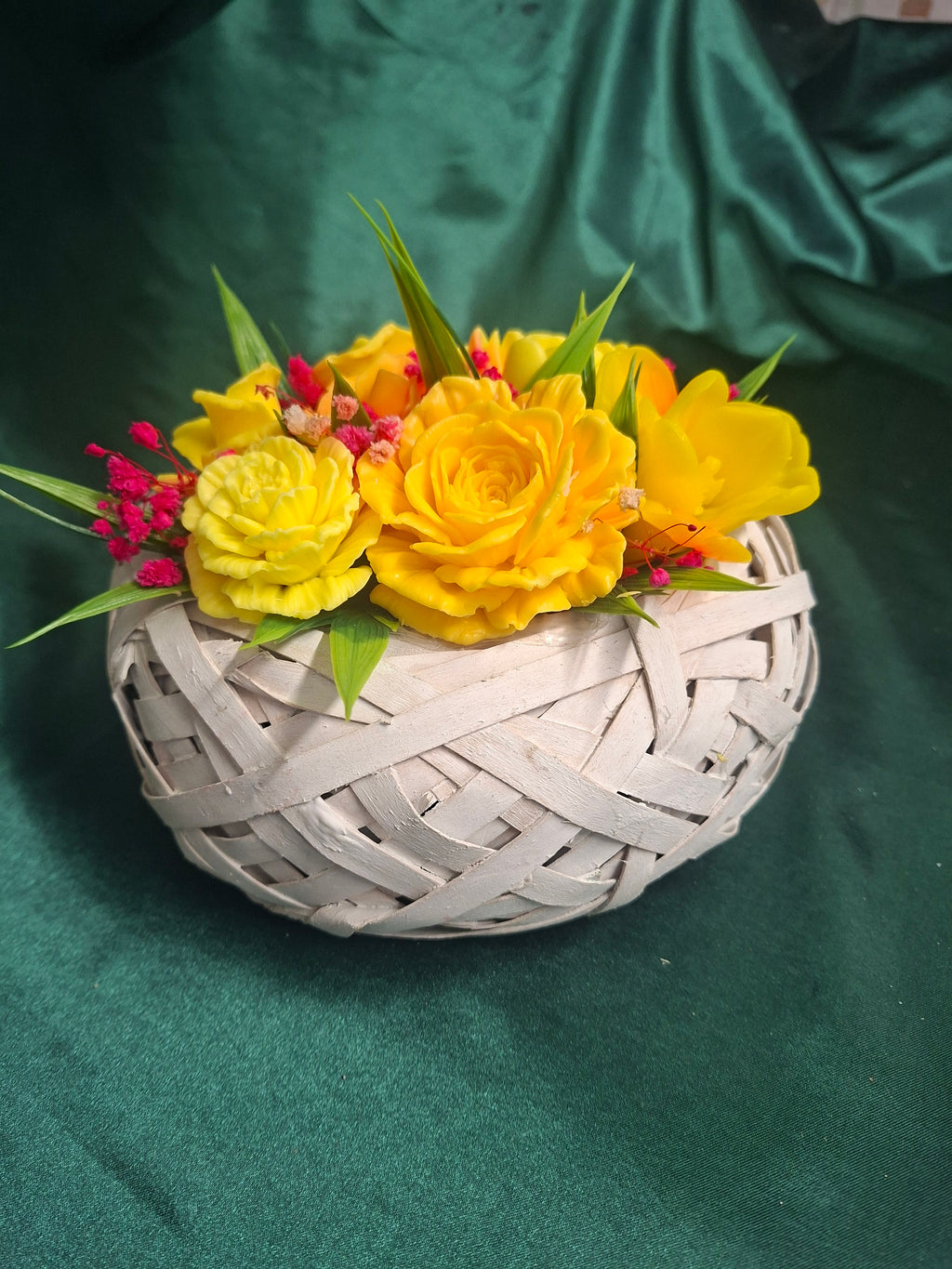 Yellow Artificial Flower Arrangement in a Woven Basket