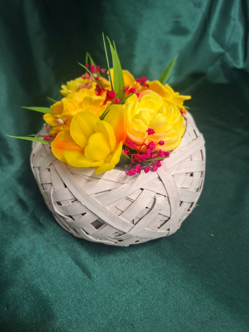 Yellow Artificial Flower Arrangement in a Woven Basket