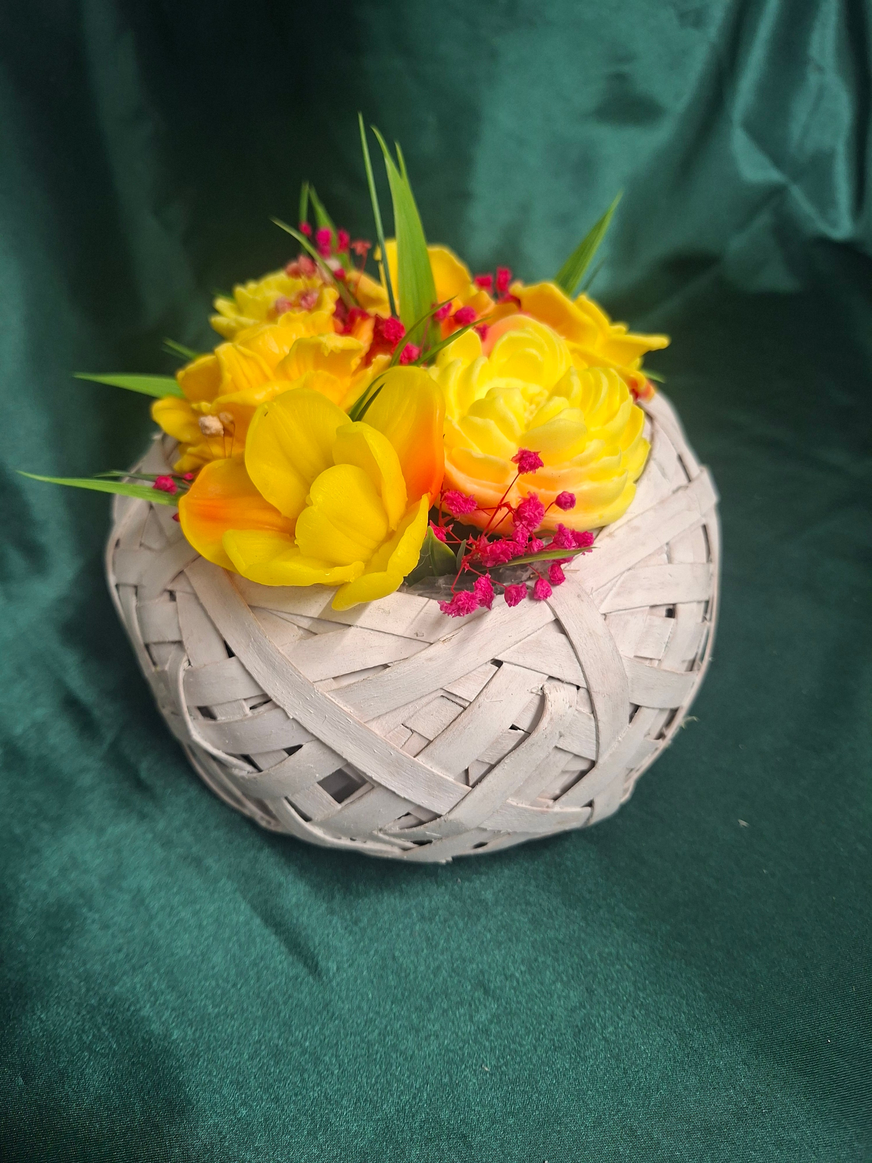 Yellow Artificial Flower Arrangement in a Woven Basket