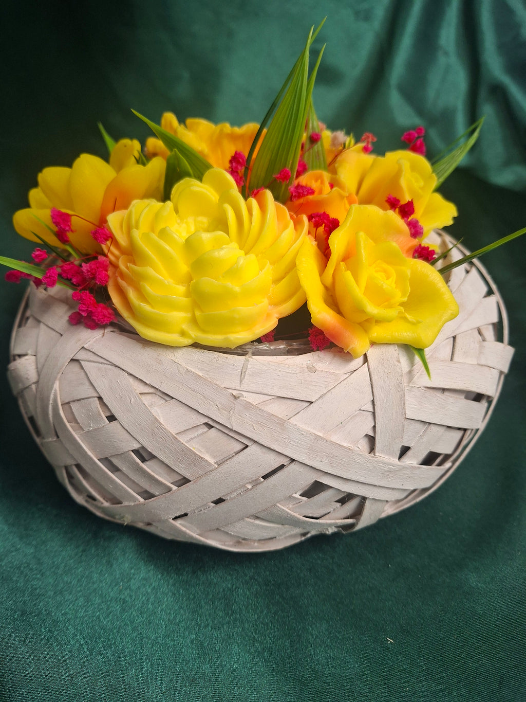 Yellow Artificial Flower Arrangement in a Woven Basket