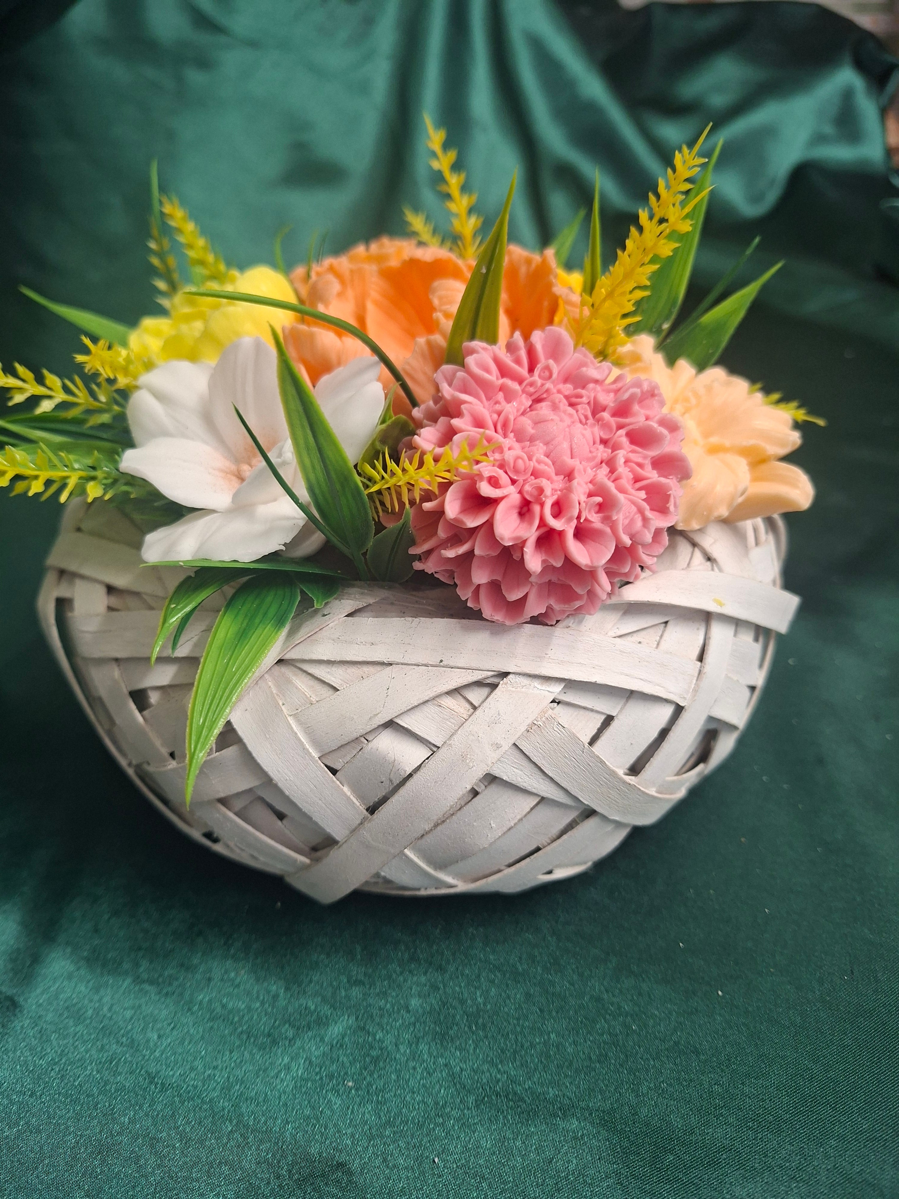 Artificial Flower Arrangement In White Woven Basket With Pink Peach Blooms