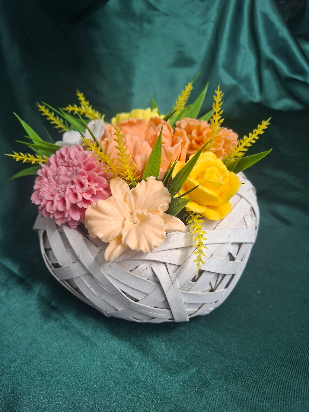 Artificial Flower Arrangement In White Woven Basket With Pink Peach Blooms