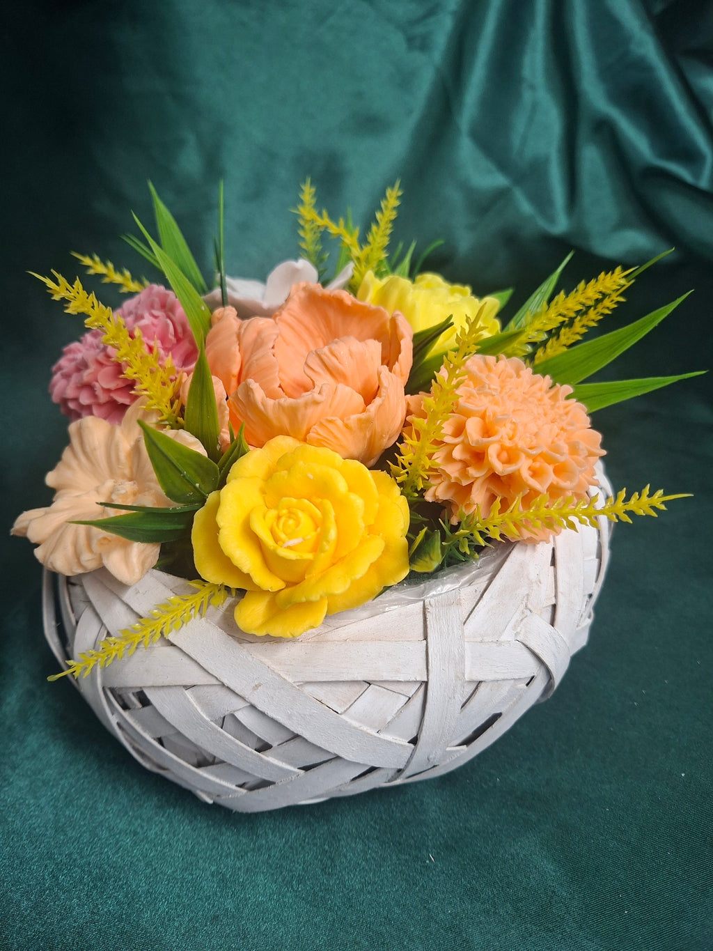 Artificial Flower Arrangement In White Woven Basket With Pink Peach Blooms