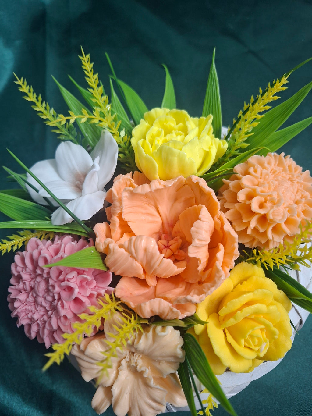 Artificial Flower Arrangement In White Woven Basket With Pink Peach Blooms