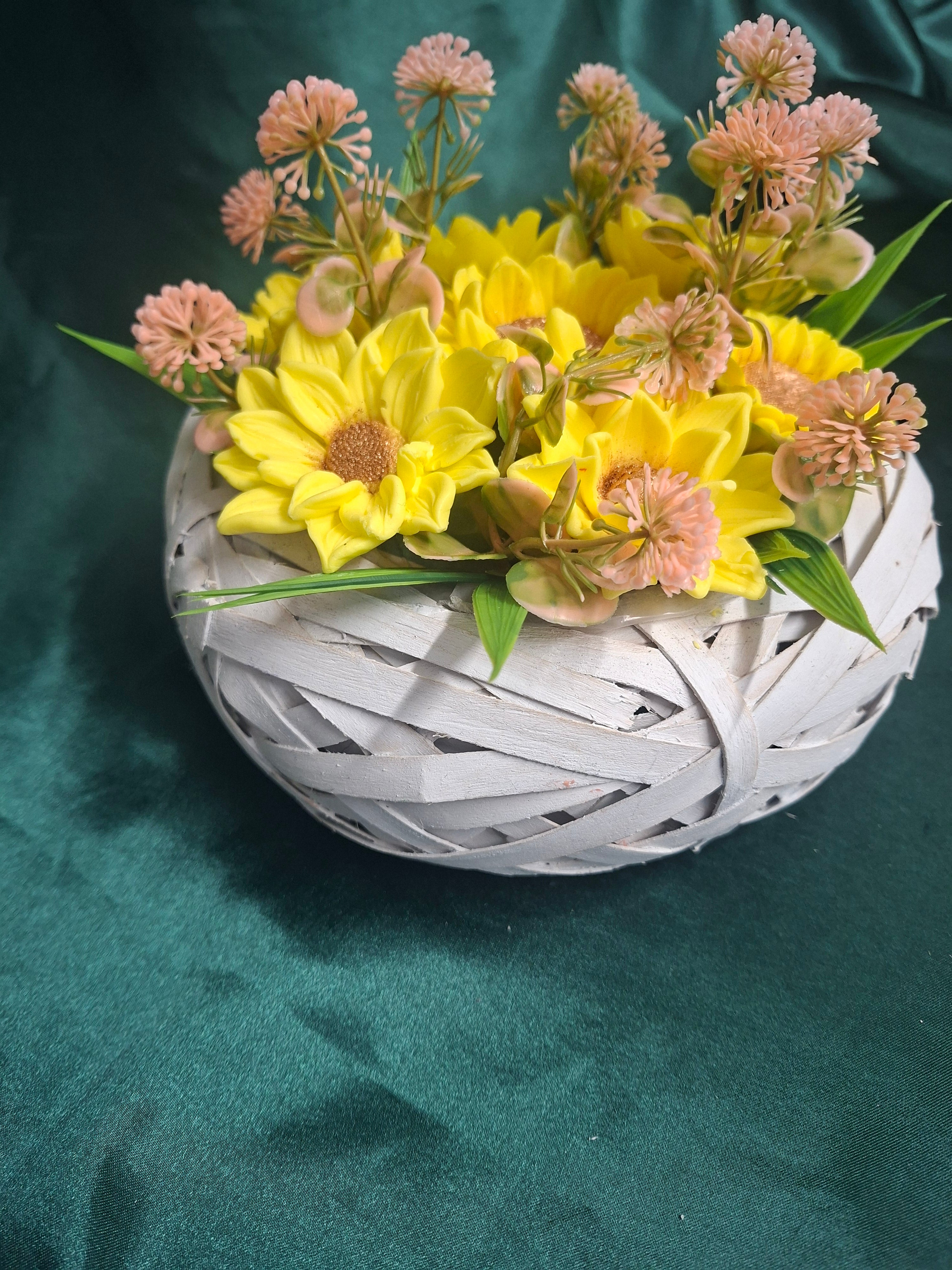Yellow Sunflower Artificial Flower Basket Arrangement in a Woven Basket