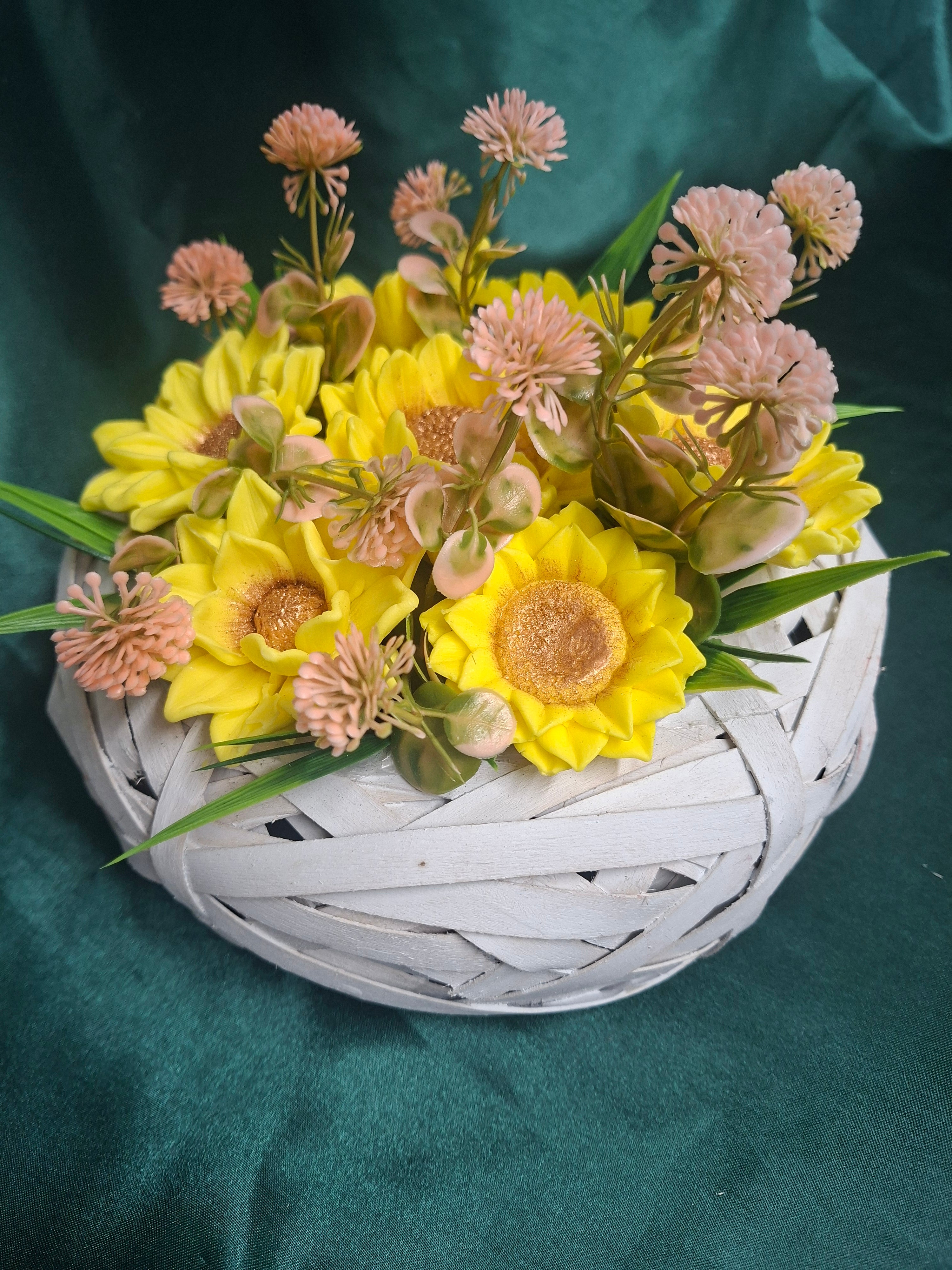 Yellow Sunflower Artificial Flower Basket Arrangement in a Woven Basket